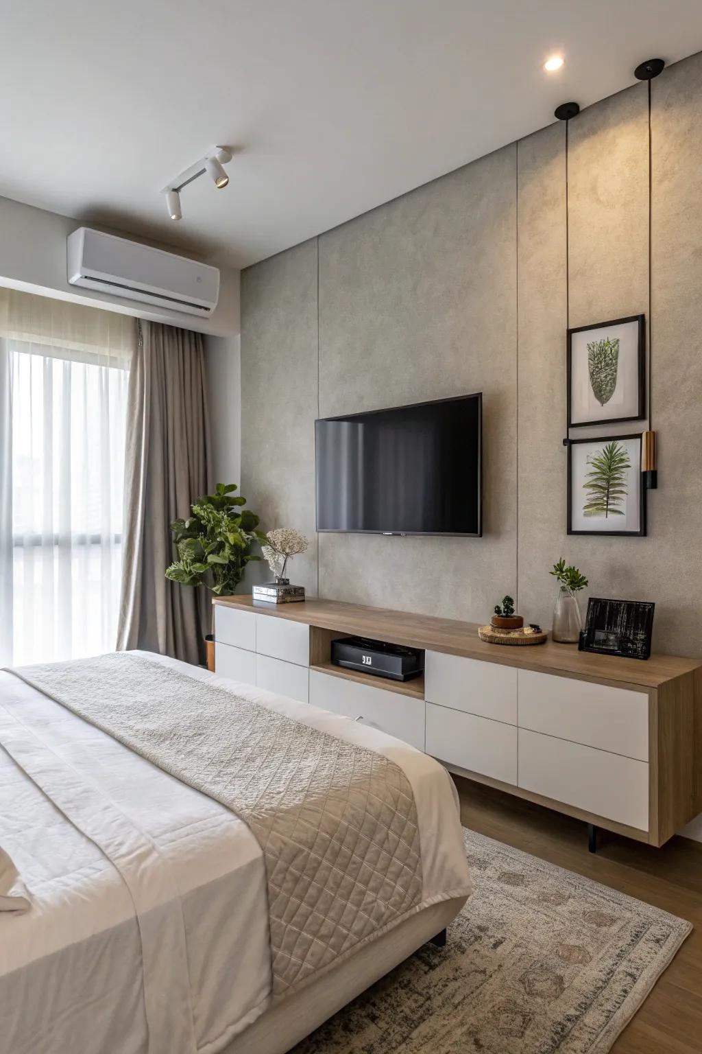 A TV mounted on the wall creates a modern and spacious atmosphere in the bedroom.