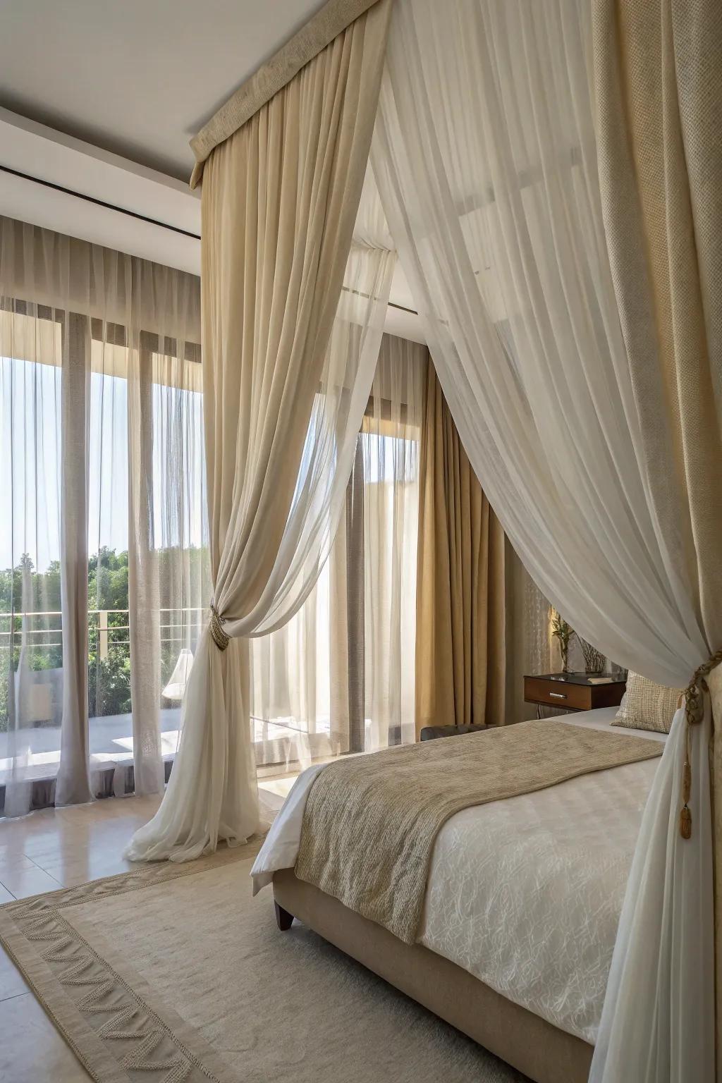 Staggered curtains deliver an excellent harmony of style and practicality.