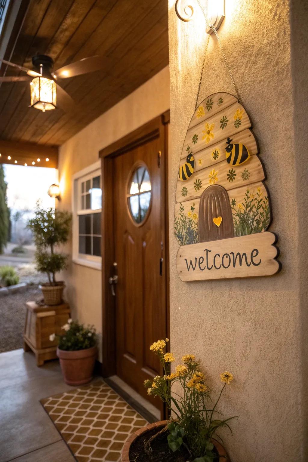 Extend a greeting to your guests with an adorable beehive greeting plaque.