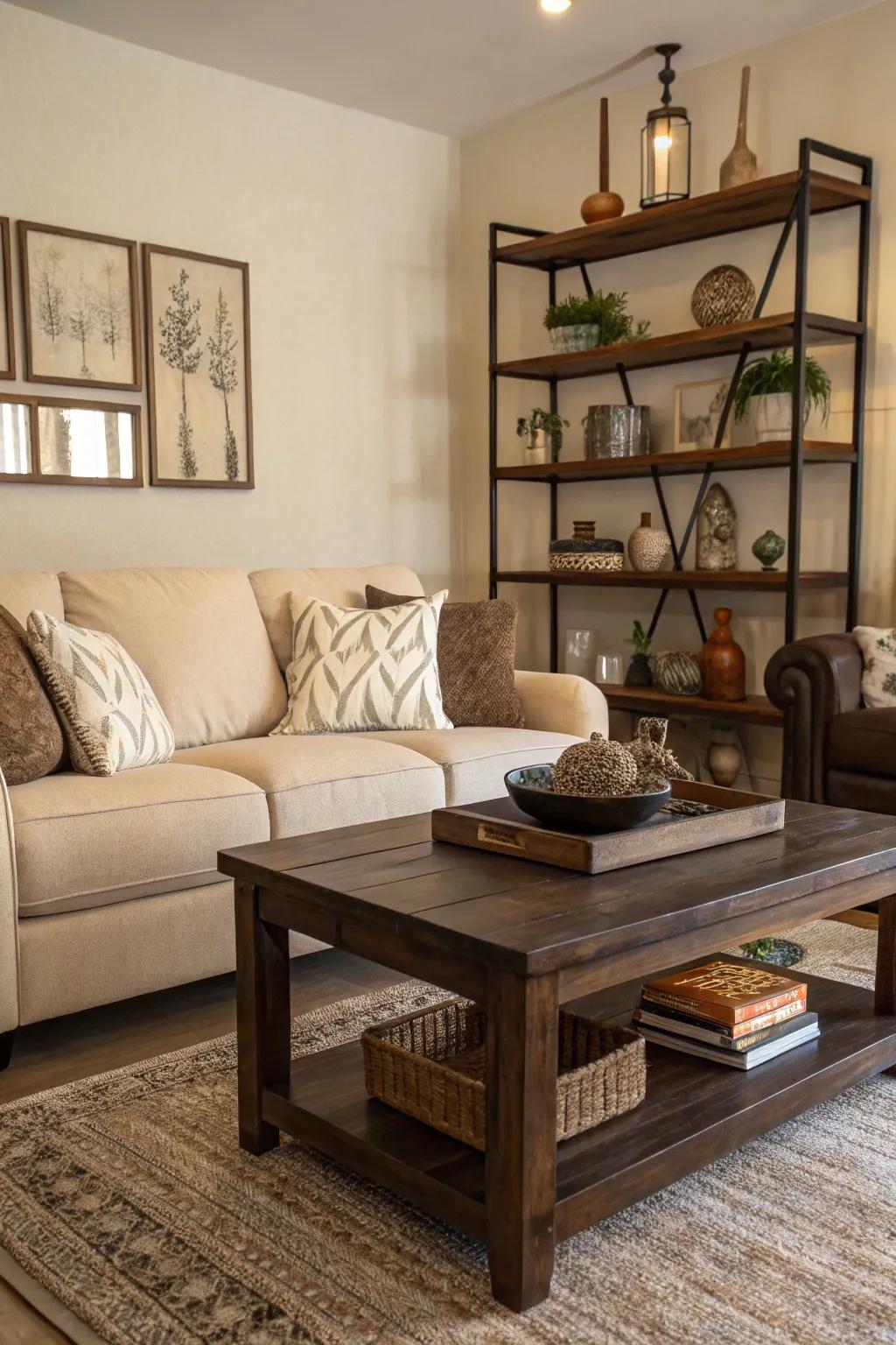 A stylish living space with a wheat-toned sofa balanced by ebony timber accents.