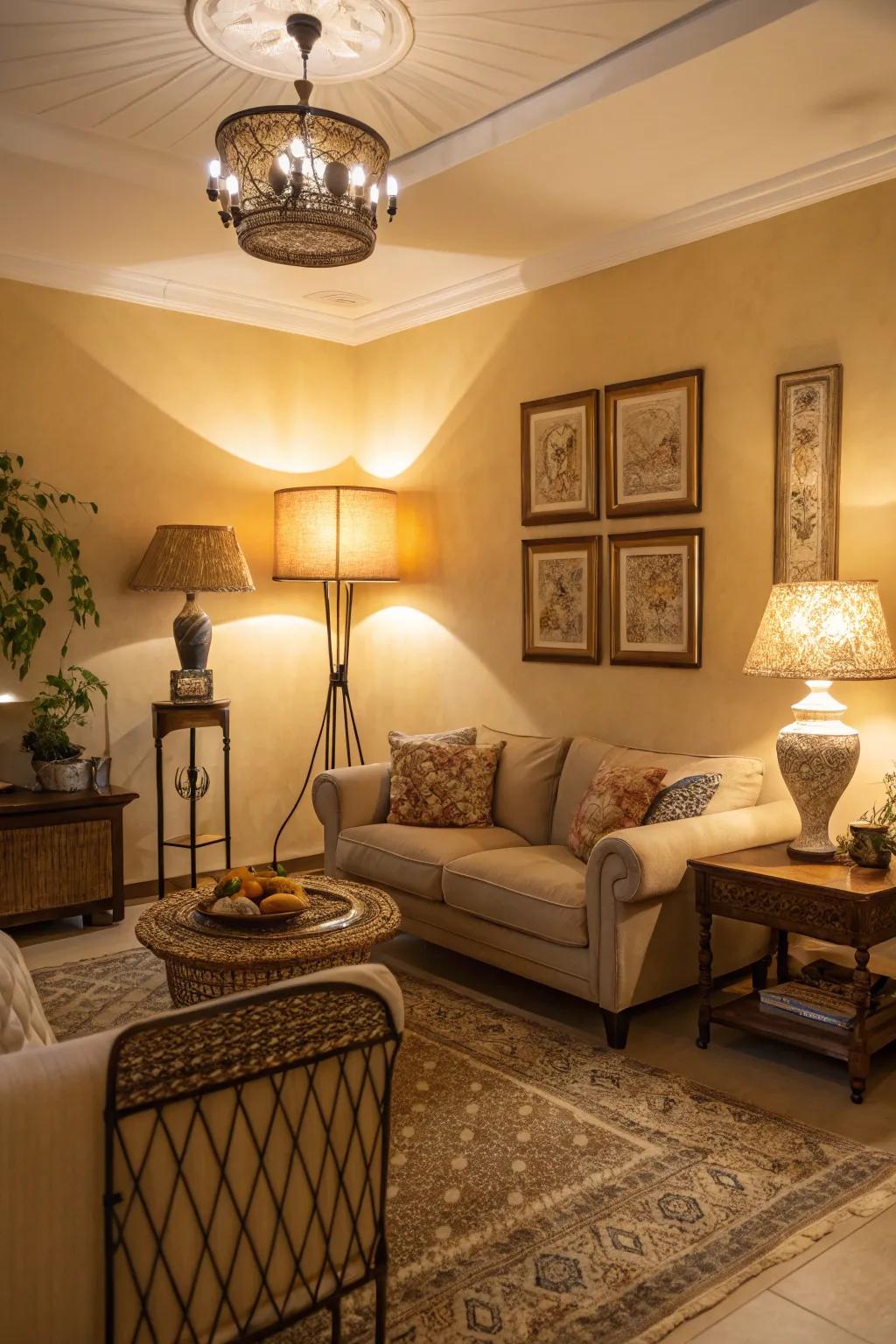Mellow illumination enhances the snug sensation of this beige expanse.