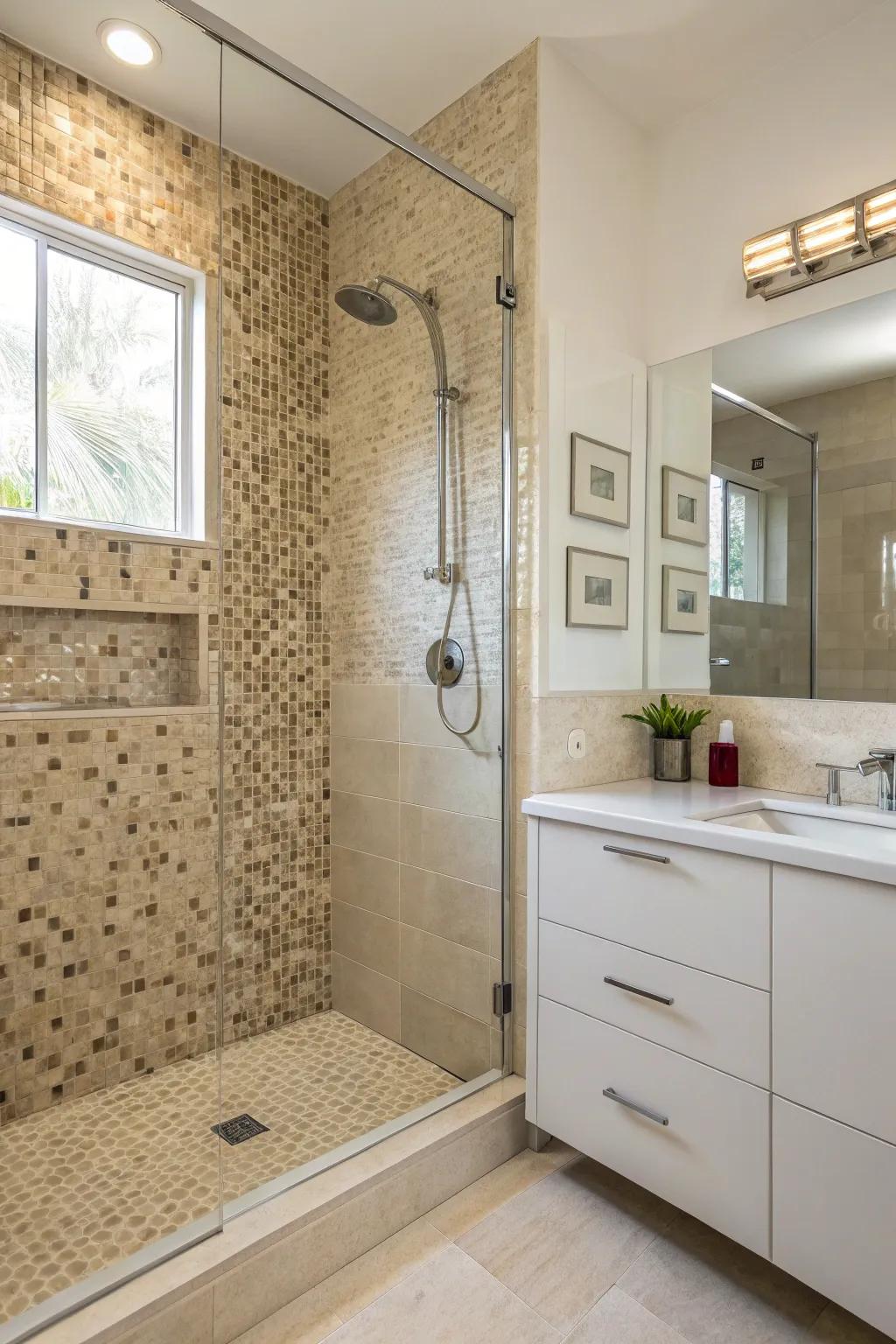 A mosaic feature wall transforms your shower into an artwork.