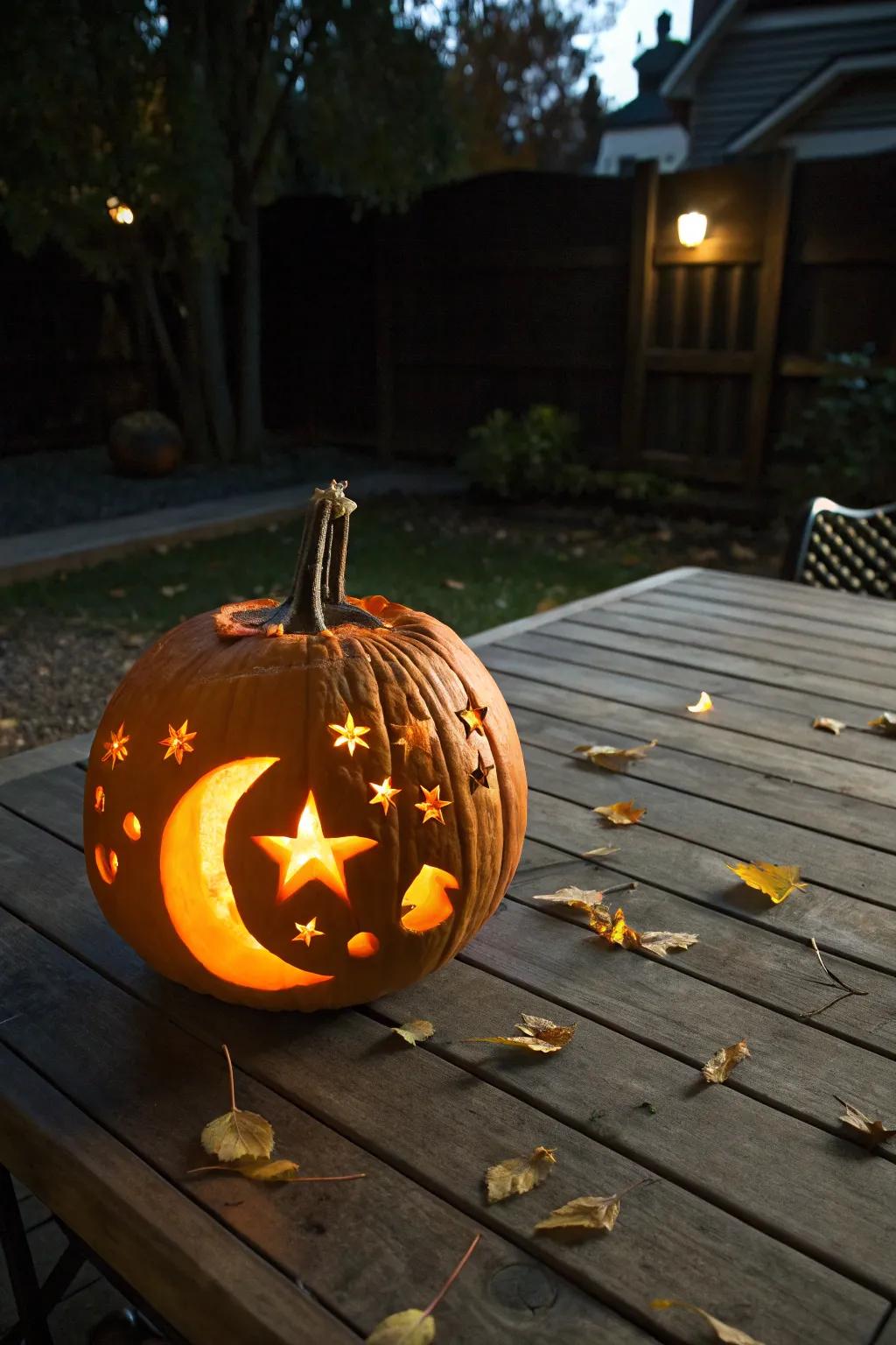 Incorporate a glimmer of lunar enchantment with pumpkins radiating moonbeams.