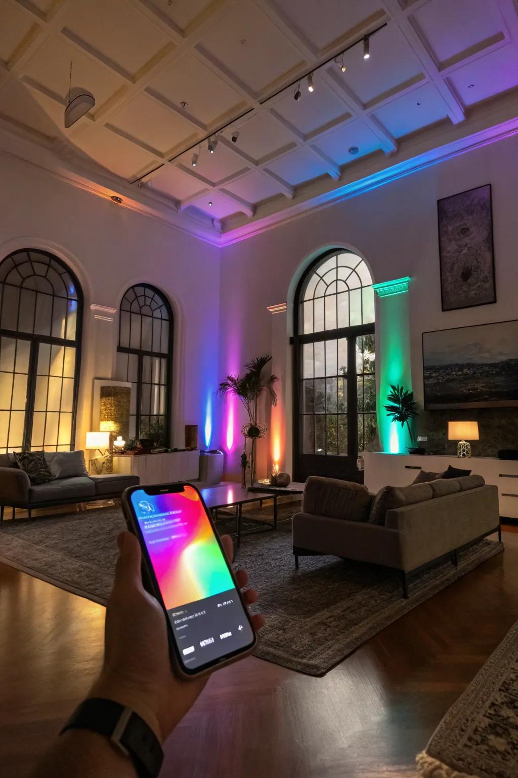 Intelligent lighting transforms a family room by drawing attention to its architectural features with vivid hue variations.