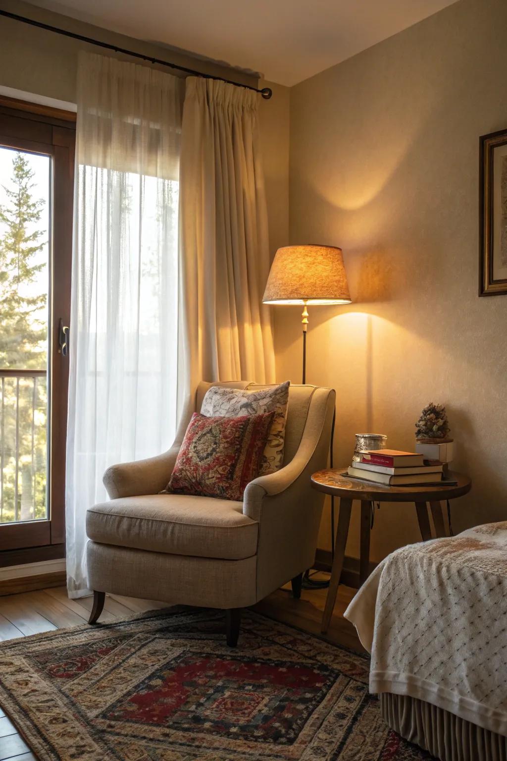A cozy seating area in a sizable bedroom, ideal for relaxation.