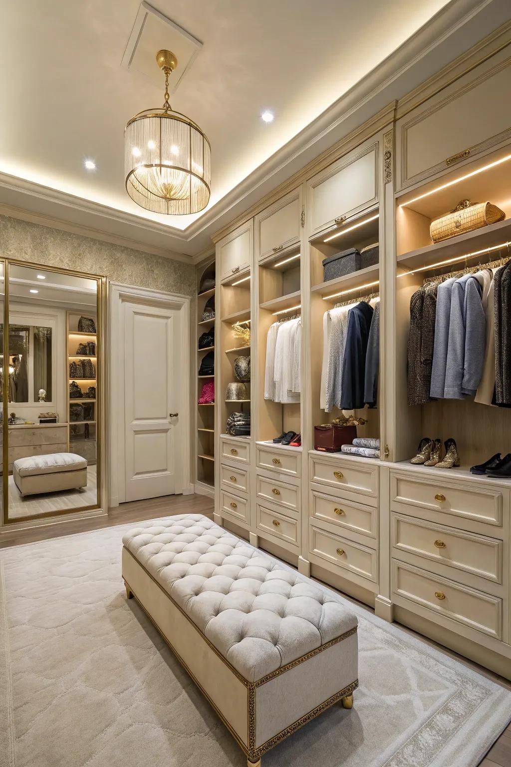 A spacious closet with a plush bench and elegant decor.