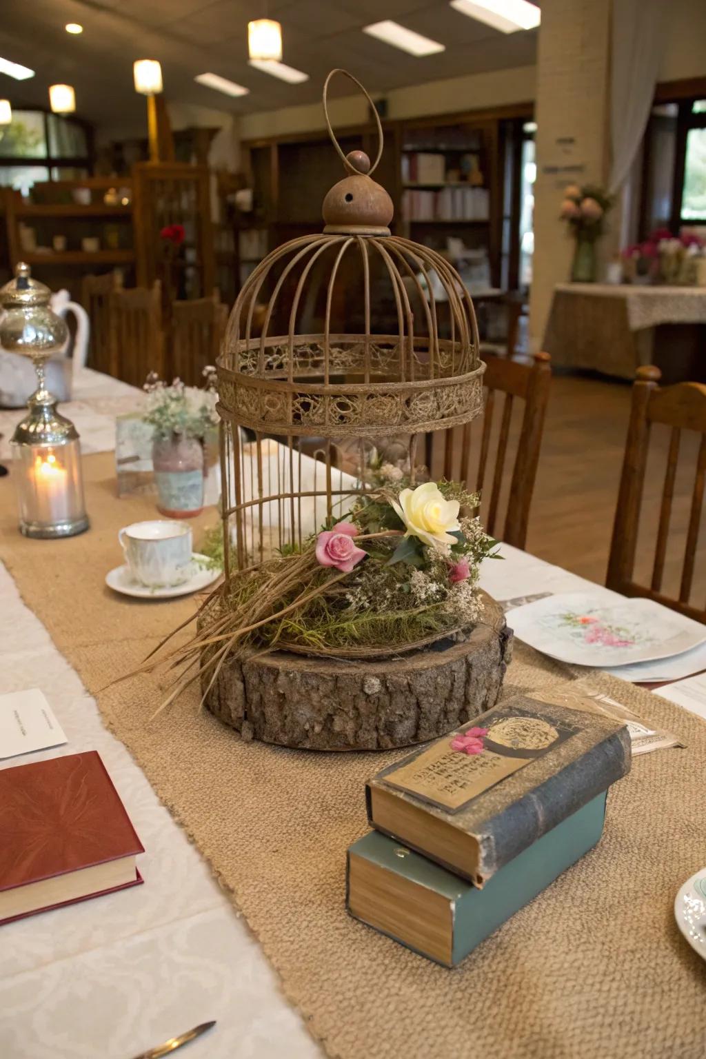 A rustic cage centerpiece that refines a gracefully timeworn table arrangement.