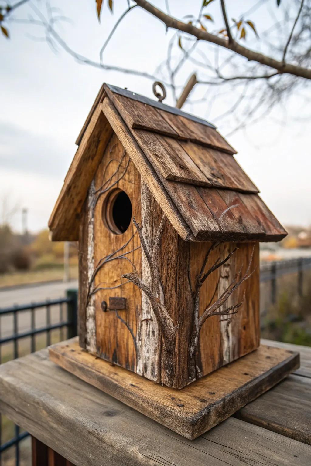 Celebrate the allure of rustic style with artisanal wood textures on your birdhouse.