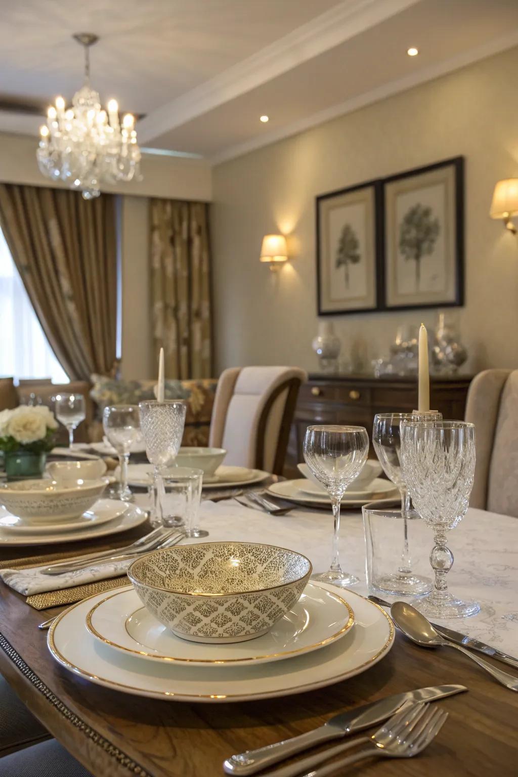 An exquisitely set dining area showcasing a unified aesthetic, set in a chic, sophisticated environment.