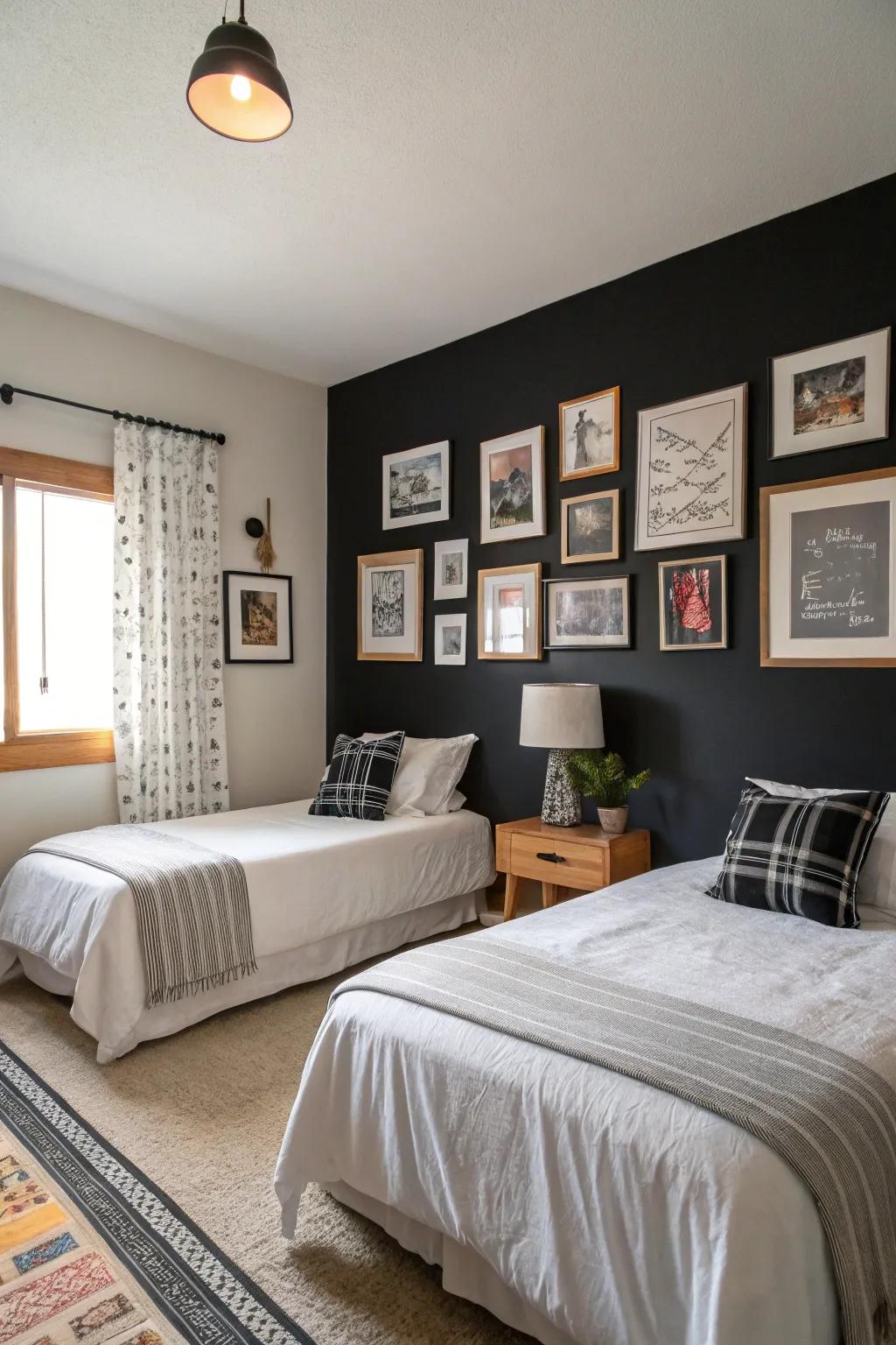 A black feature wall in a bedroom, beautifully decorated with framed art.
