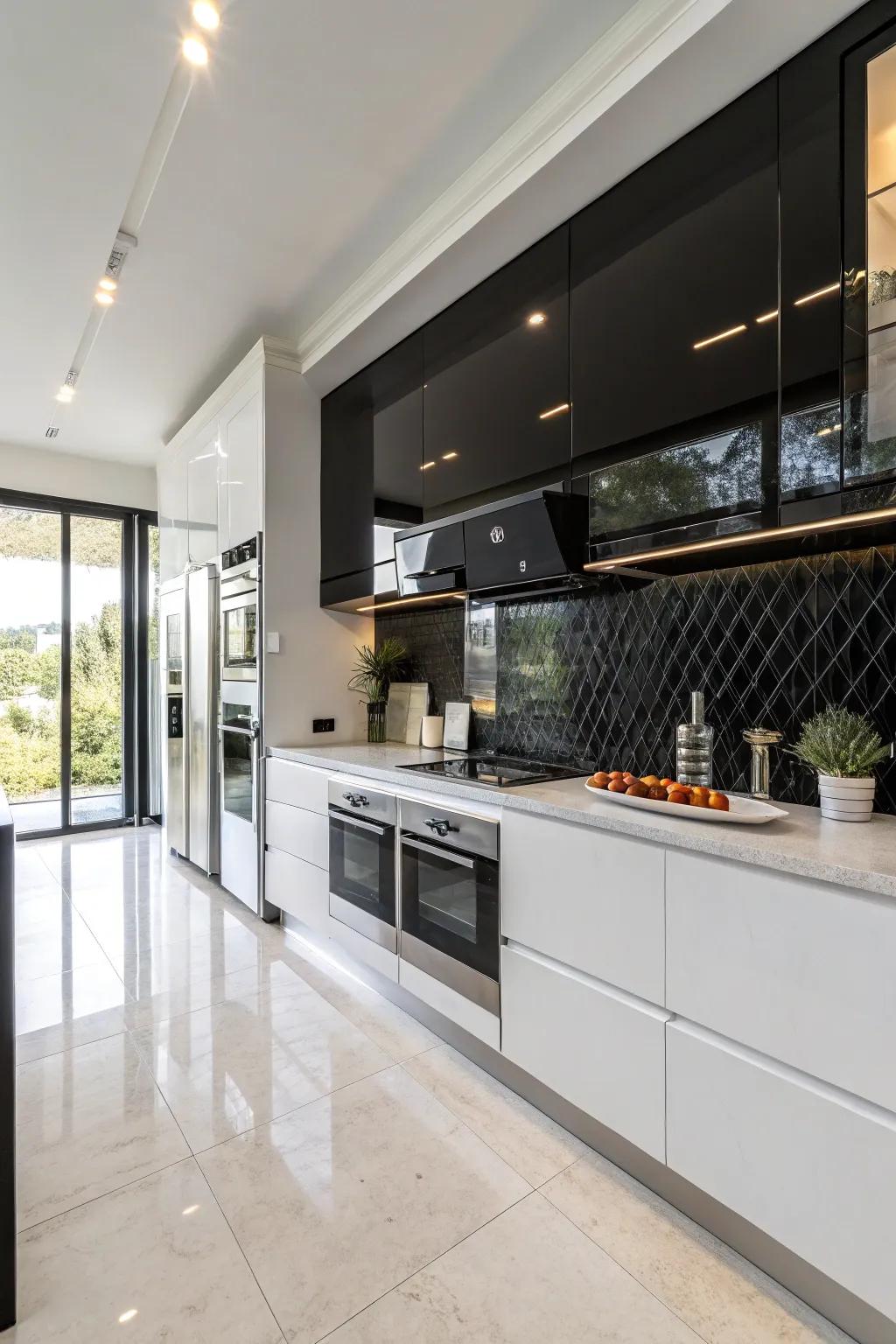 A modern kitchen boasts a black accent wall, providing a sleek backdrop to elegant cabinetry.