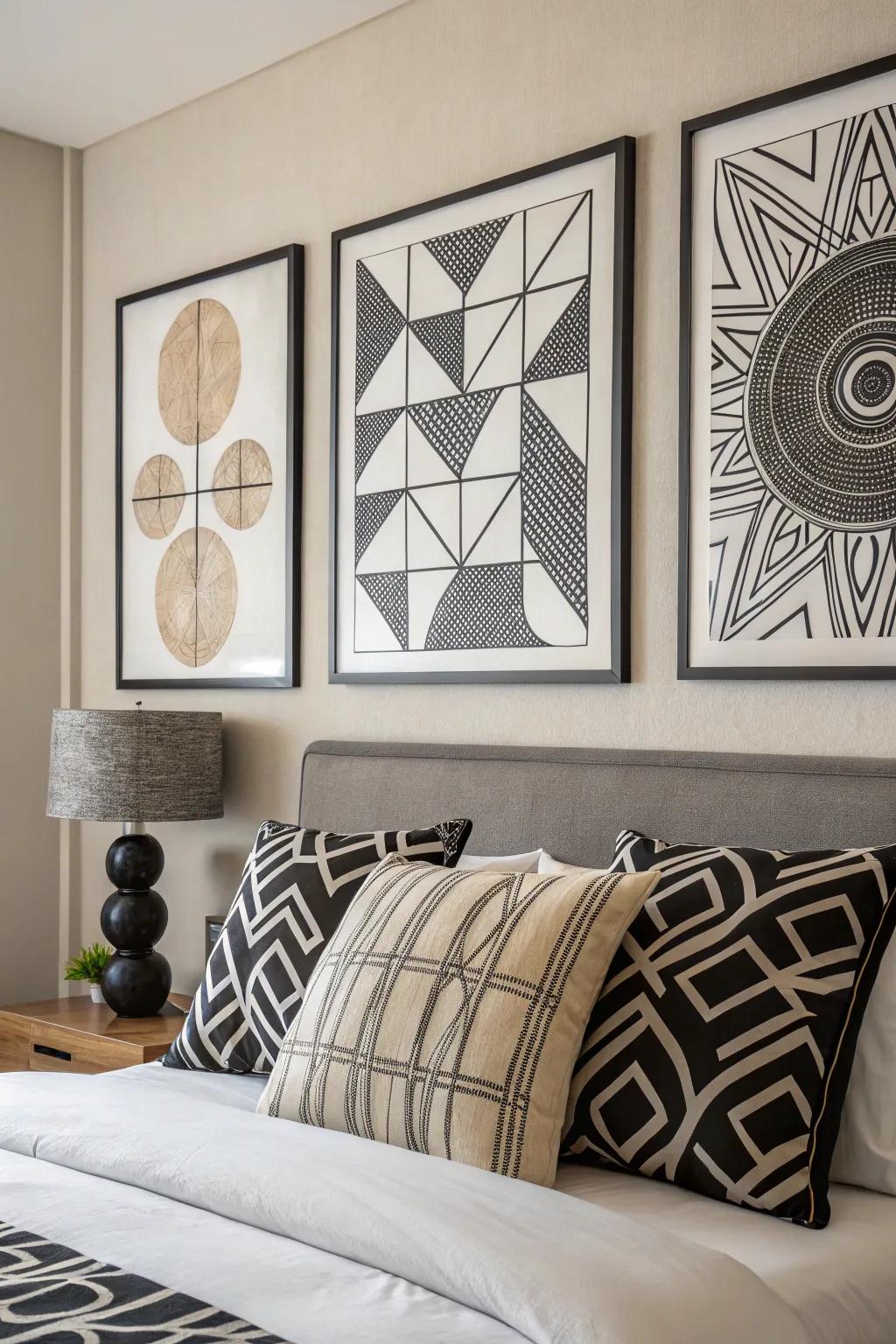 Non-representational art employing charcoal and white enriches the room's contemporary style.