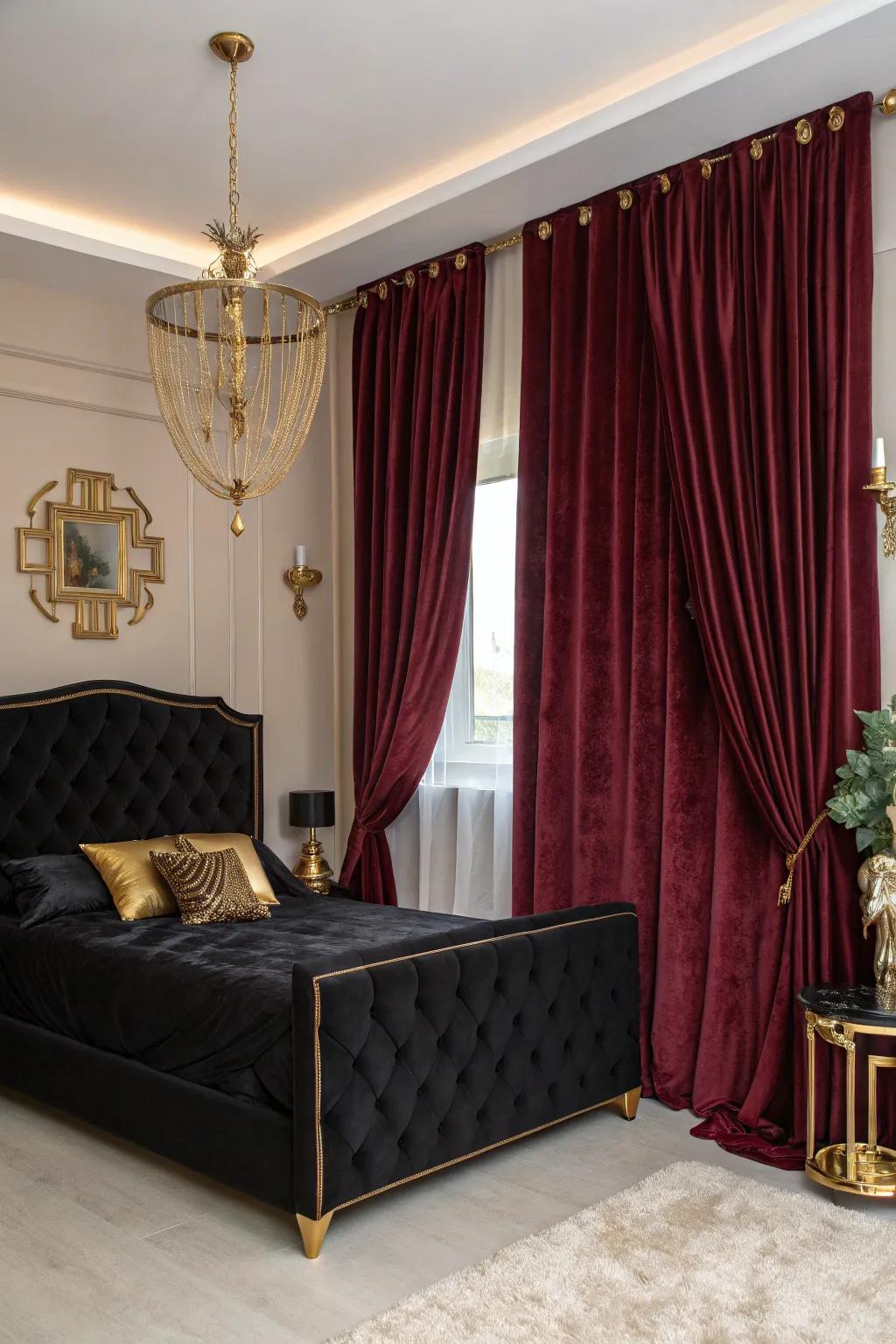 Burgundy velvet drapes deliver refinement and warmth to your bedroom décor.