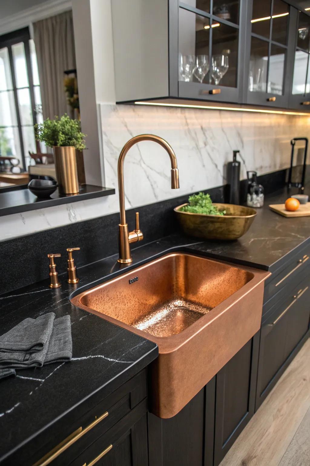 A copper sink distinguishes itself as a lavish focal point in a black kitchen.