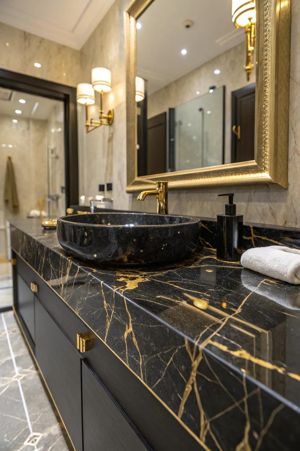 Black marble with gold accents is the height of luxury and elegance.