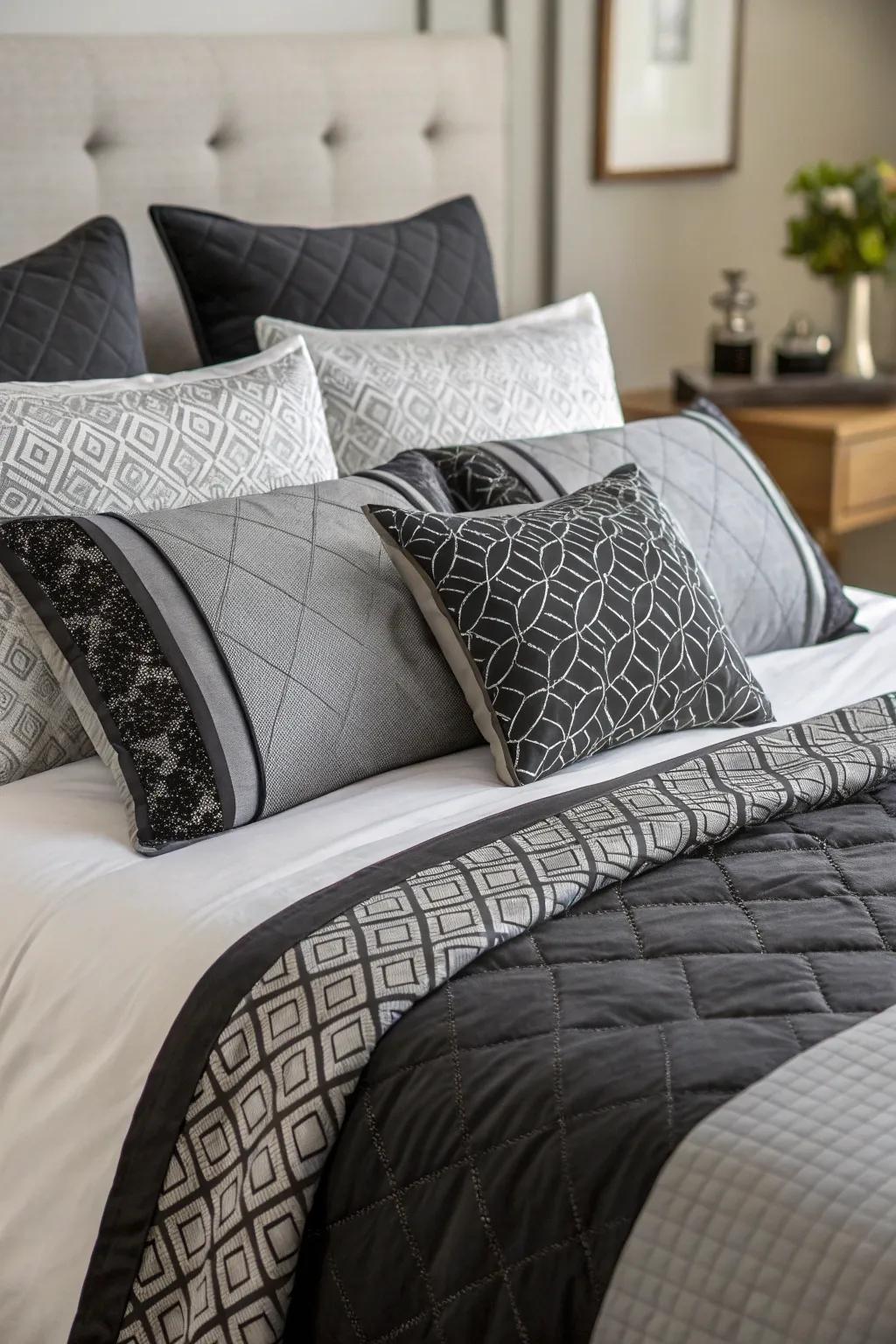 Monochromatic bedding in black and grey achieving a harmonious look.