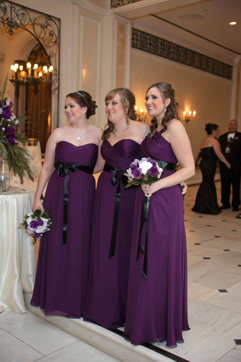 Bridesmaids wearing dark purple dresses with black belts.