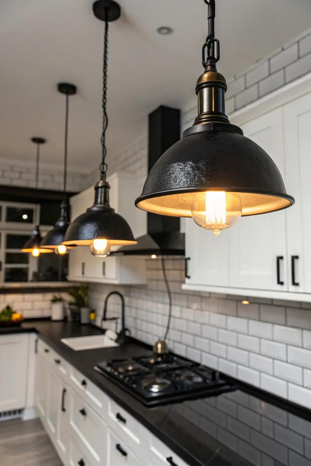 Factory-inspired pendant luminaires inject character into this sleek cooking area.