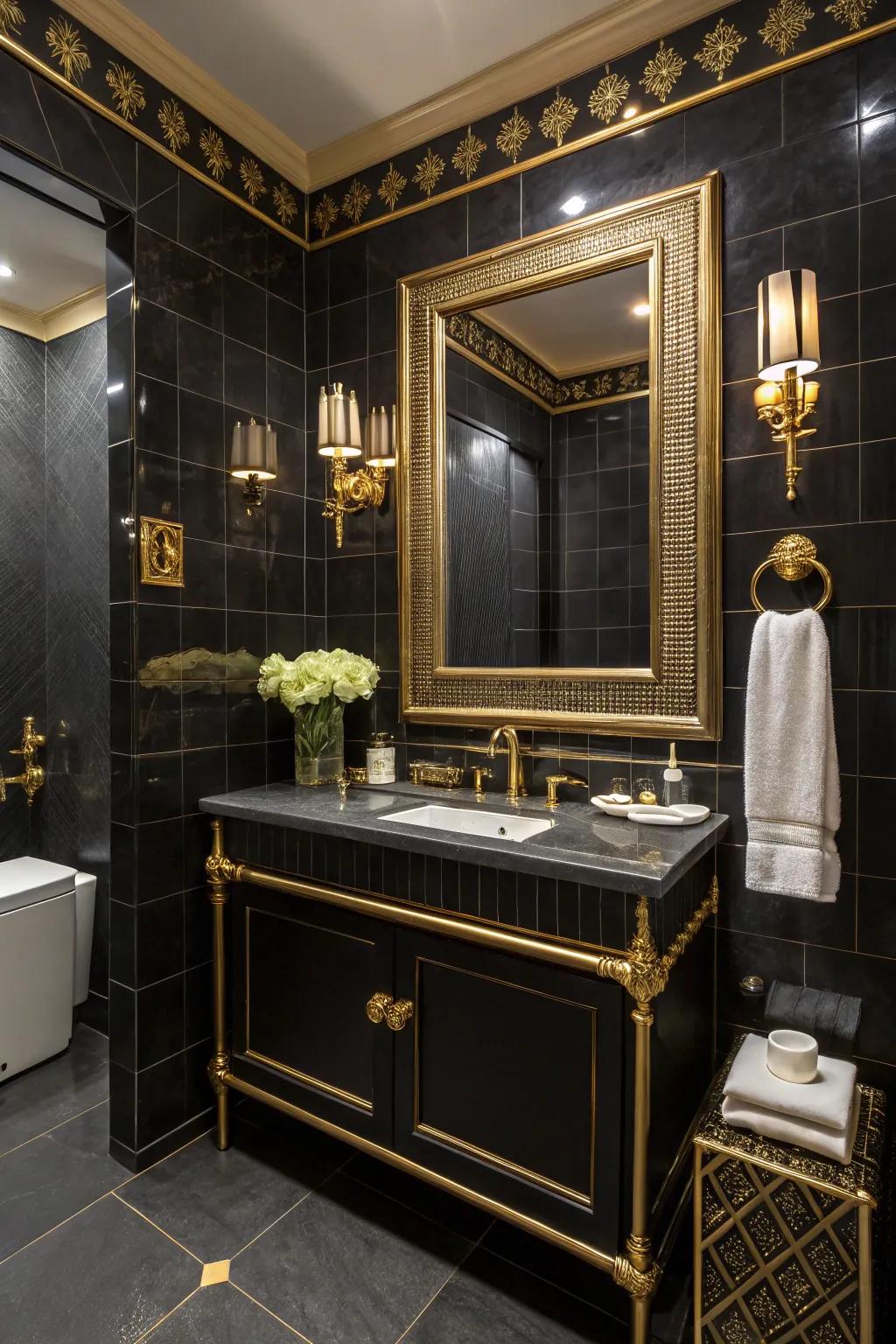 Gleaming accents elevate the opulent sensation within an ebony bathroom.
