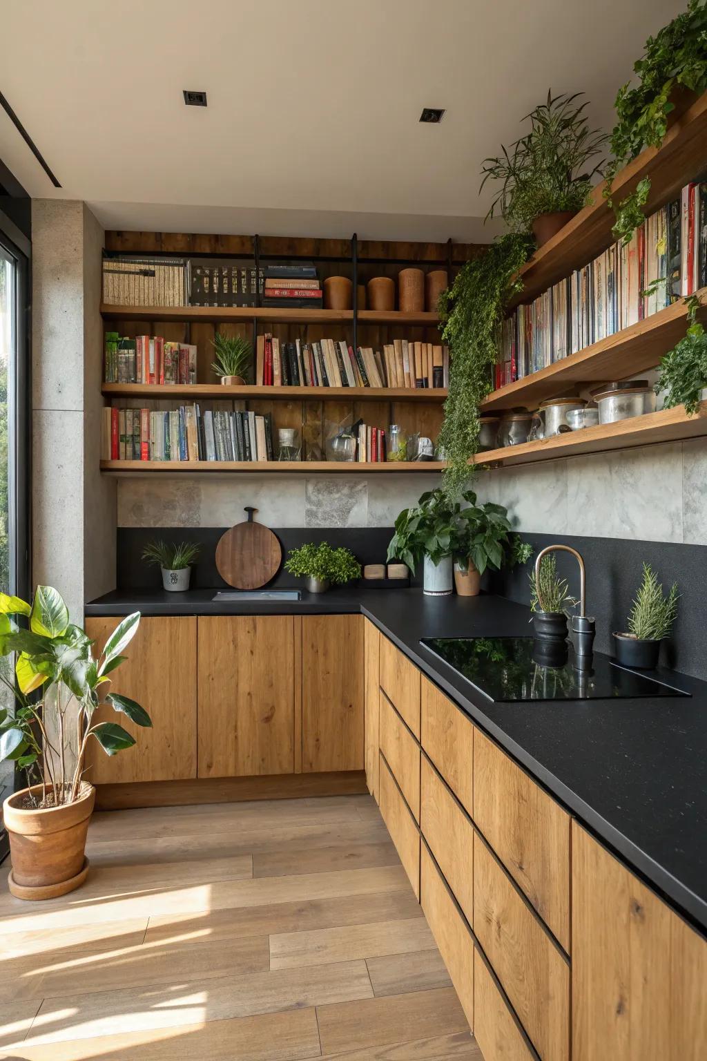 Timber accents that add warmth to a cooking space with dark-toned countertops.