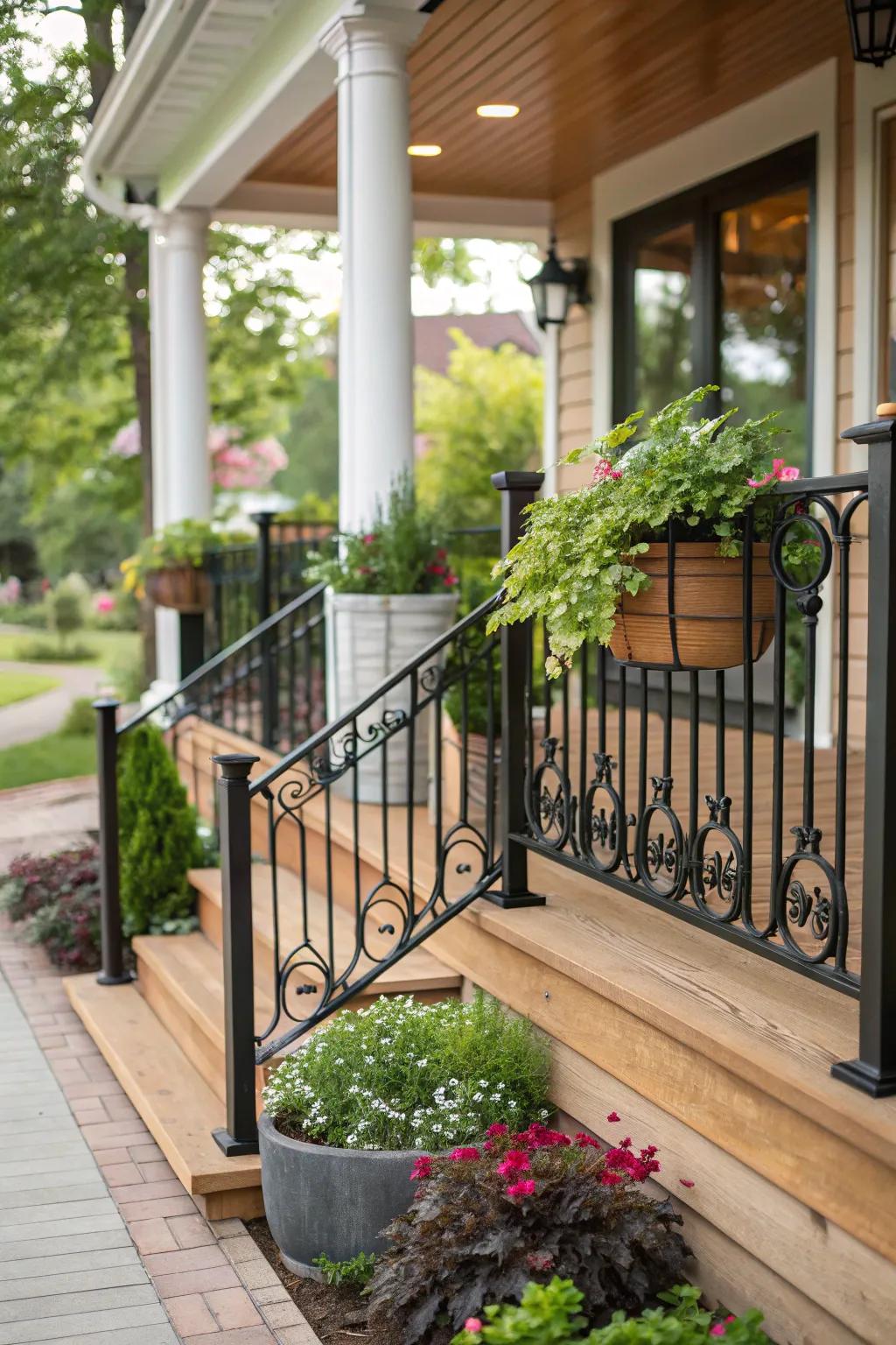 The warmth of wood combined with black metal cultivates an inviting porch ambiance.