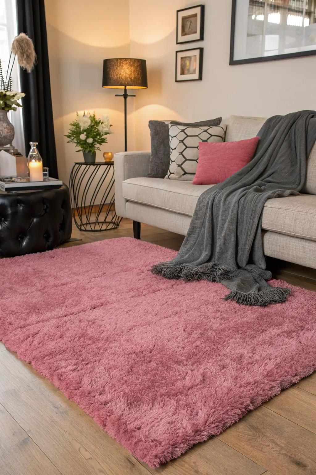 Combining surface feels using a lavish carpet and delicate throws to enhance depth.