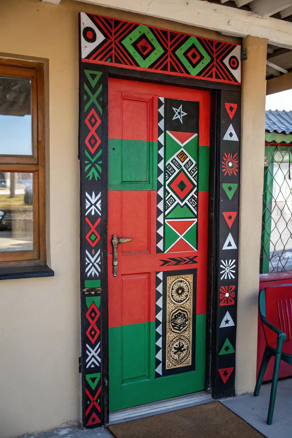 A door design employing Pan-African hues and designs to commemorate cultural history.