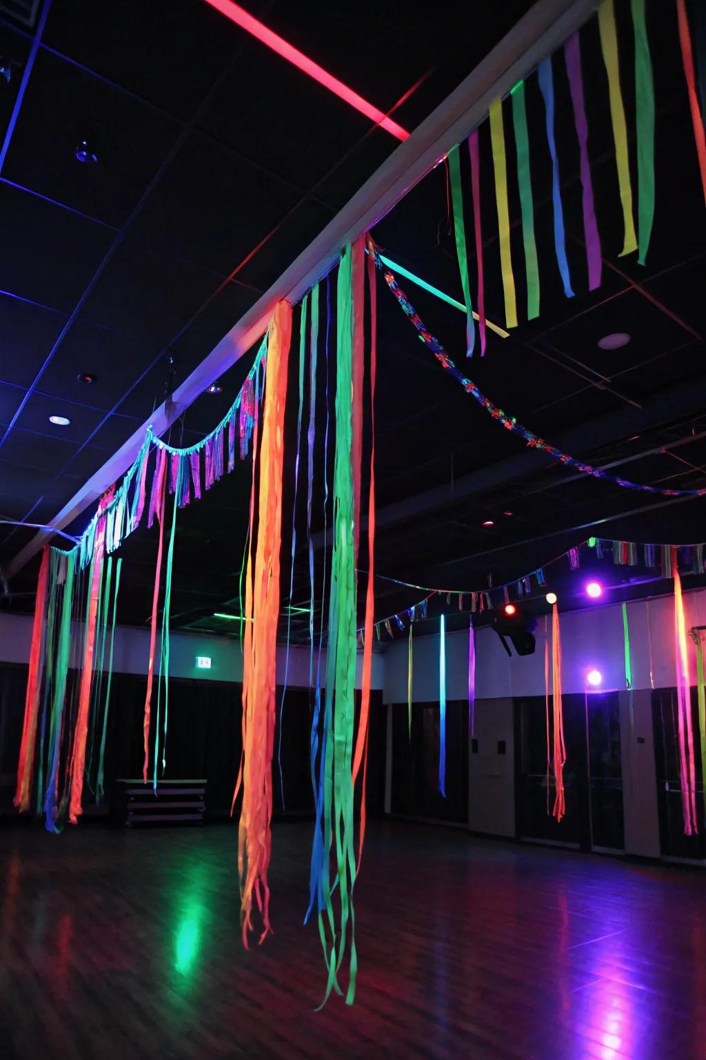 Turn your ceiling into an illuminated spectacle using neon ribbons.