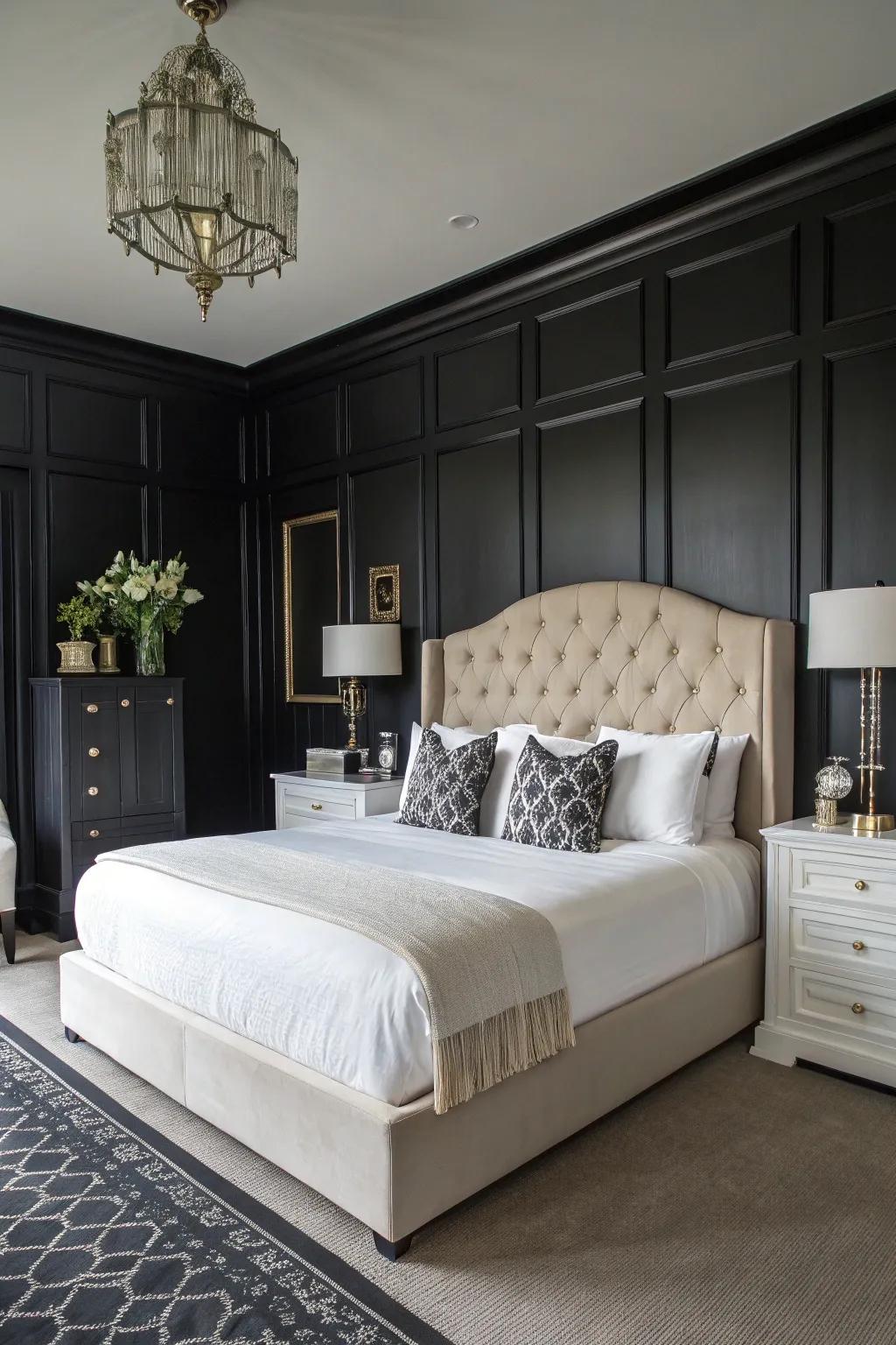 Alabaster bedding delivers a stunning contrast to obsidian decor.