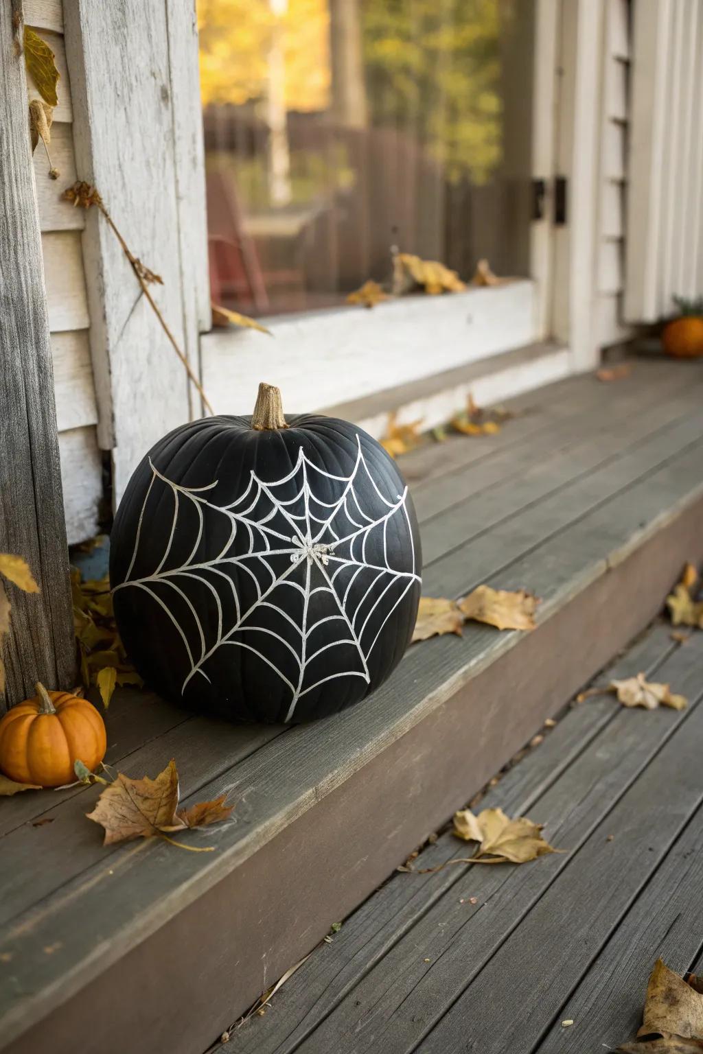 A black pumpkin with an eerie spider web design, perfect for greeting visitors.