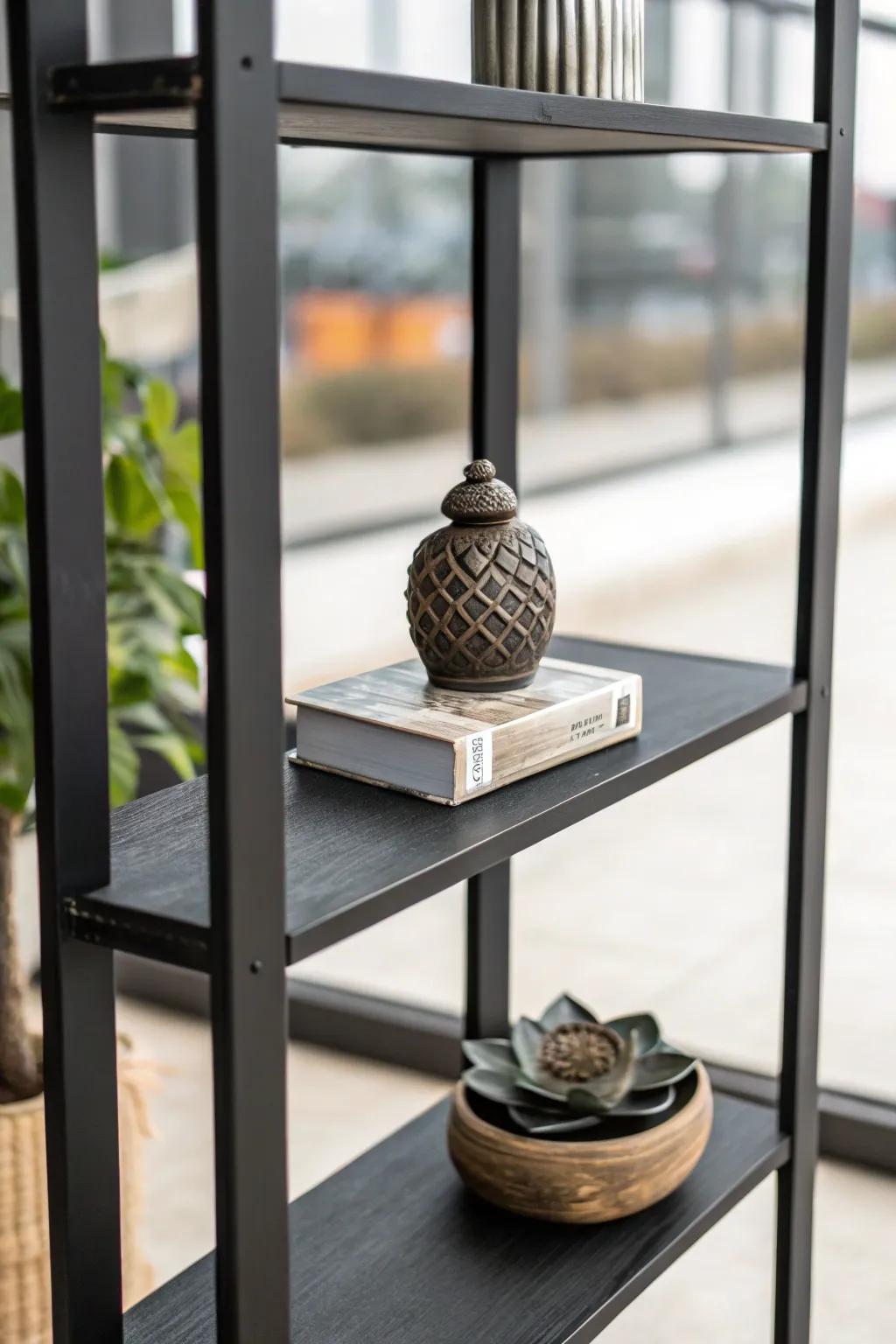 A decorative form introducing elegance to a dark-toned shelf.