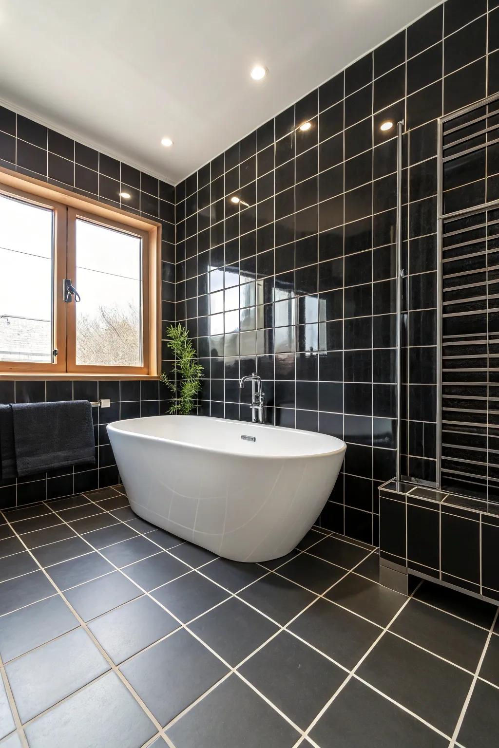 Oversized dark boards boost the spa-like sensation of this bathroom.
