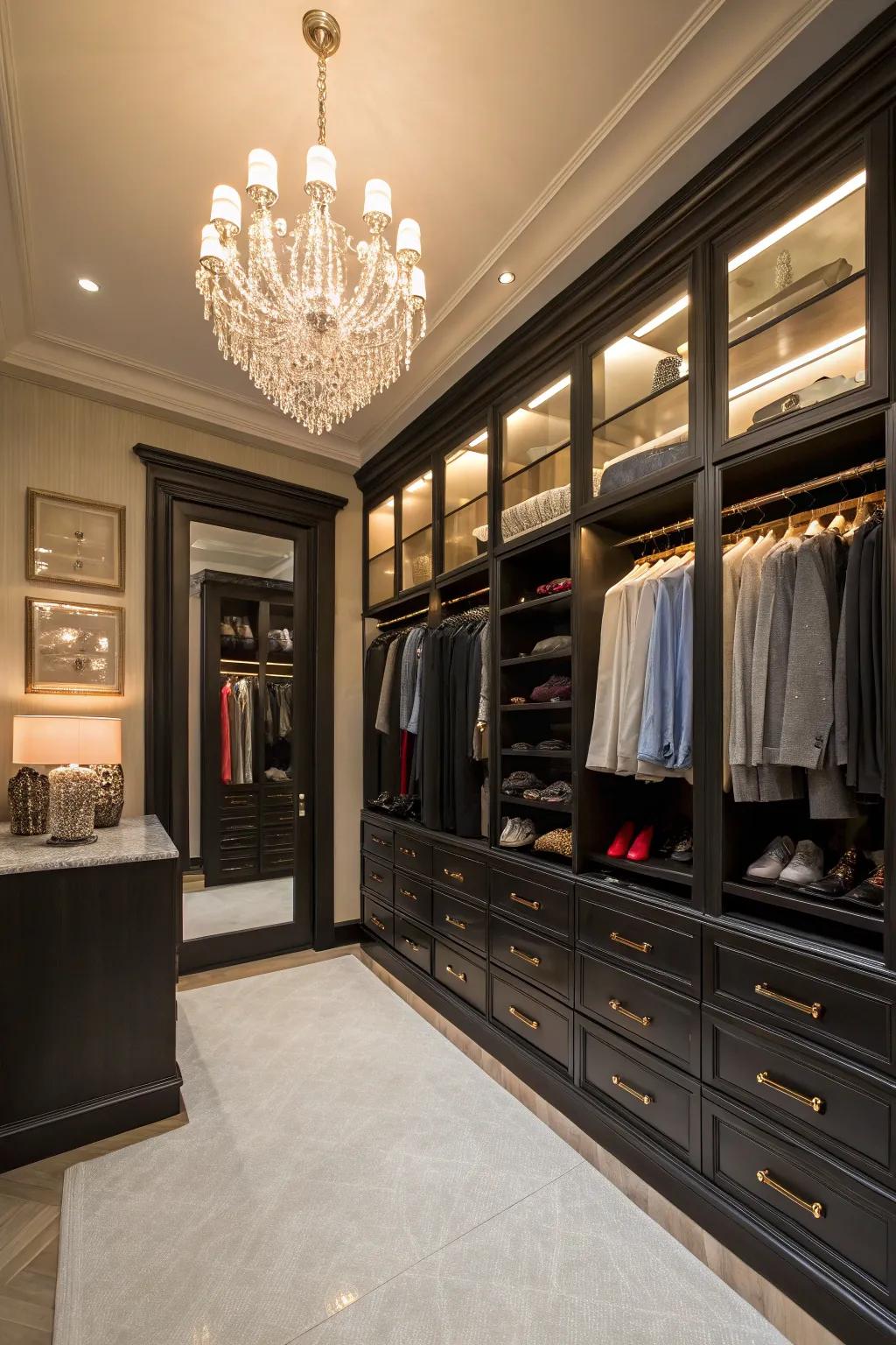 A chandelier contributes a hint of opulence to this brilliantly illuminated walk-in closet.