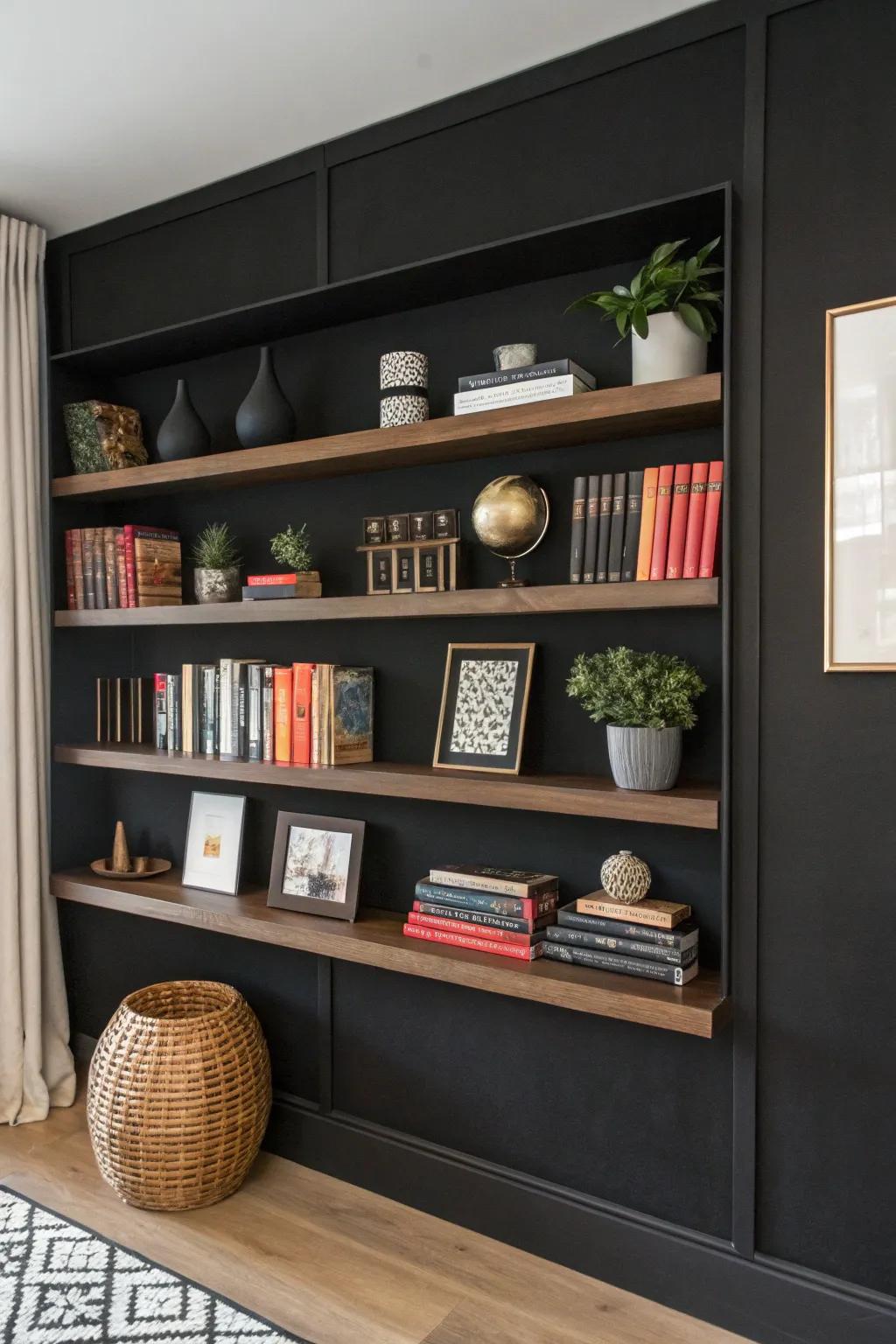 Integrated shelving on a dark wall.