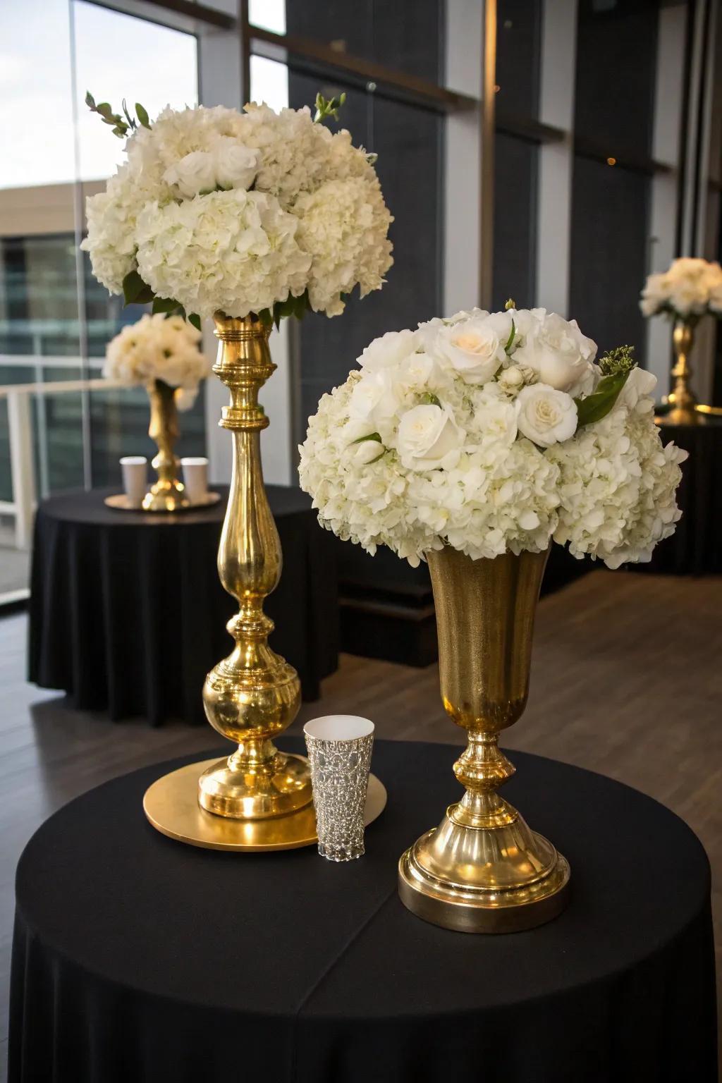 Shining vessels with pale blooms craft an ambiance that&rsquo;s both fresh and sophisticated.