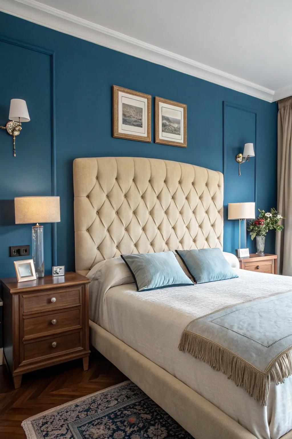 Against azure walls, a sandstone headboard truly stands out.