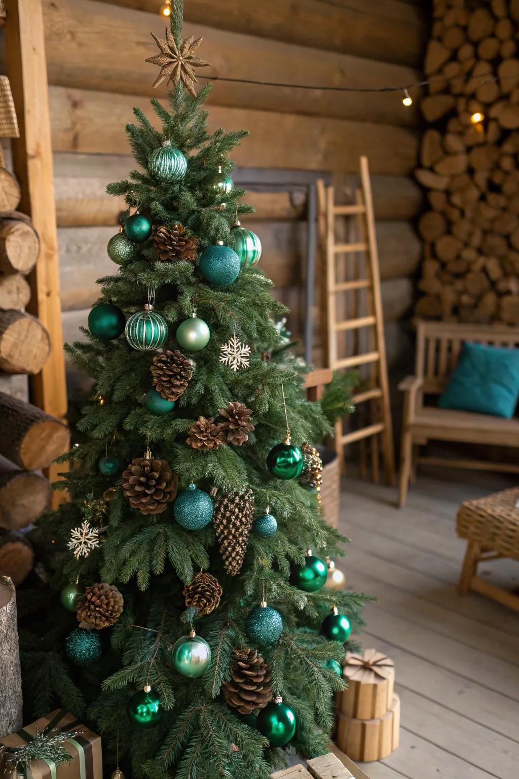 A Christmas tree inspired by nature, featuring forest green and teal shades for a harmonious blend of rustic and lavish elements.