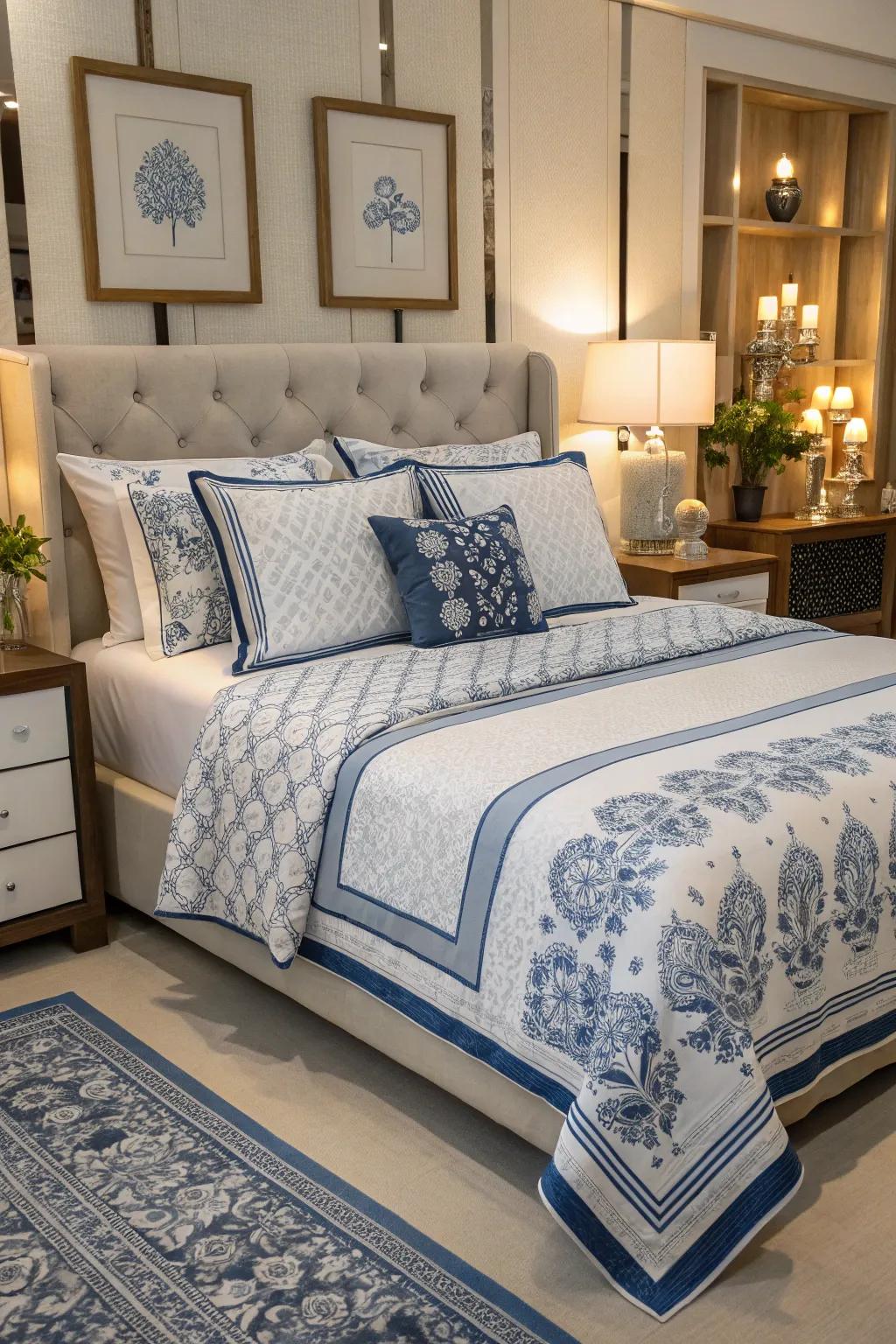 A blend of blue and white patterns in the bedding creates an inviting and cozy bed.