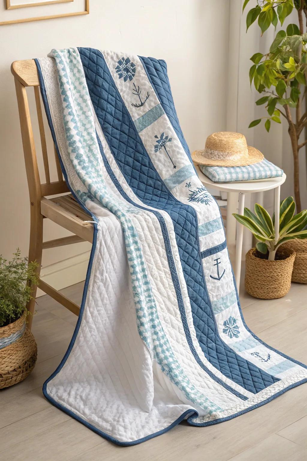 Embrace coastal peace with seaside lines: a simple quilt that infuses your home with the essence of the sea.