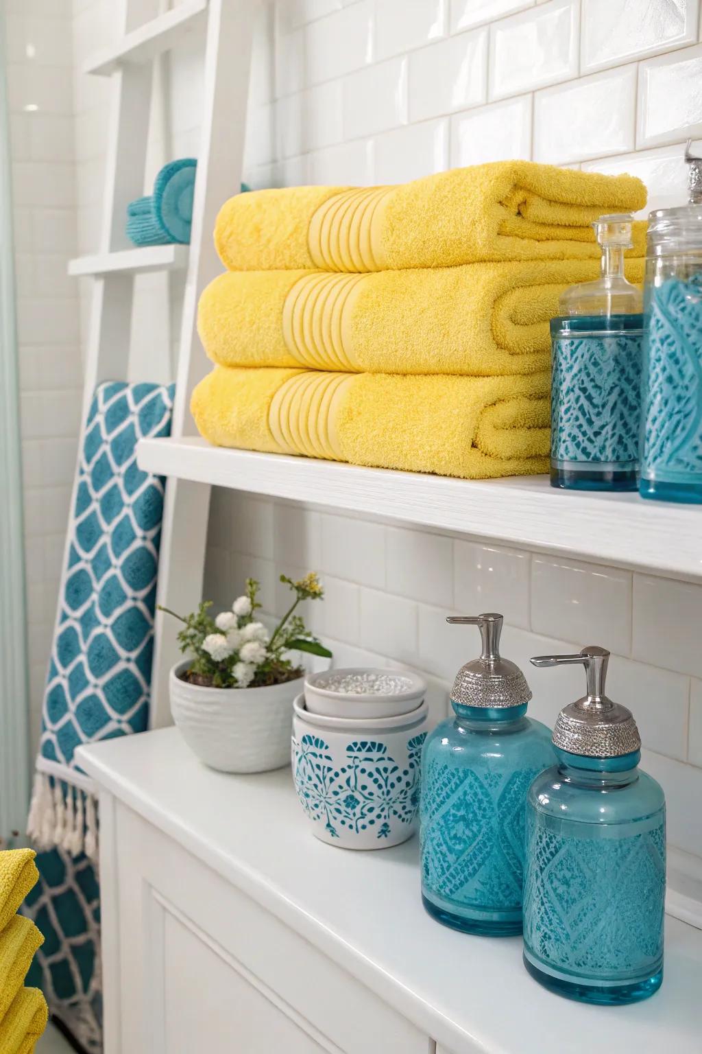 Yellow towels and blue accents impart a lively touch to a simple bathroom.