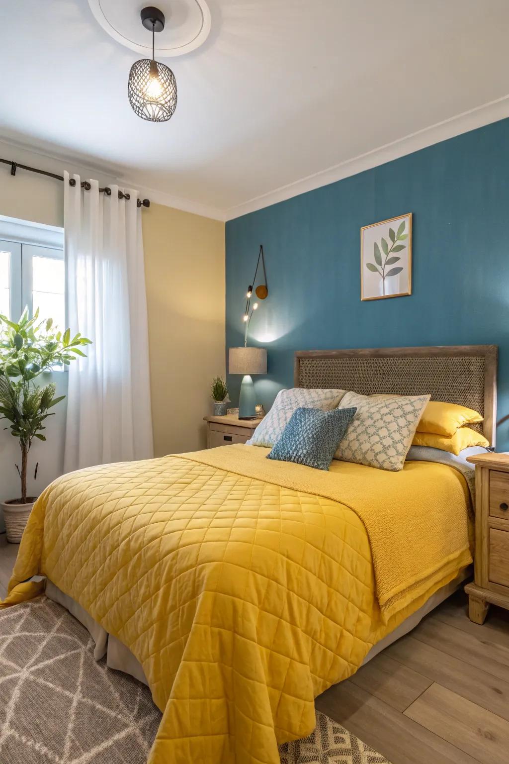 A bedroom showcasing a sea-inspired accent wall and sunshine-colored bedding for a serene look.