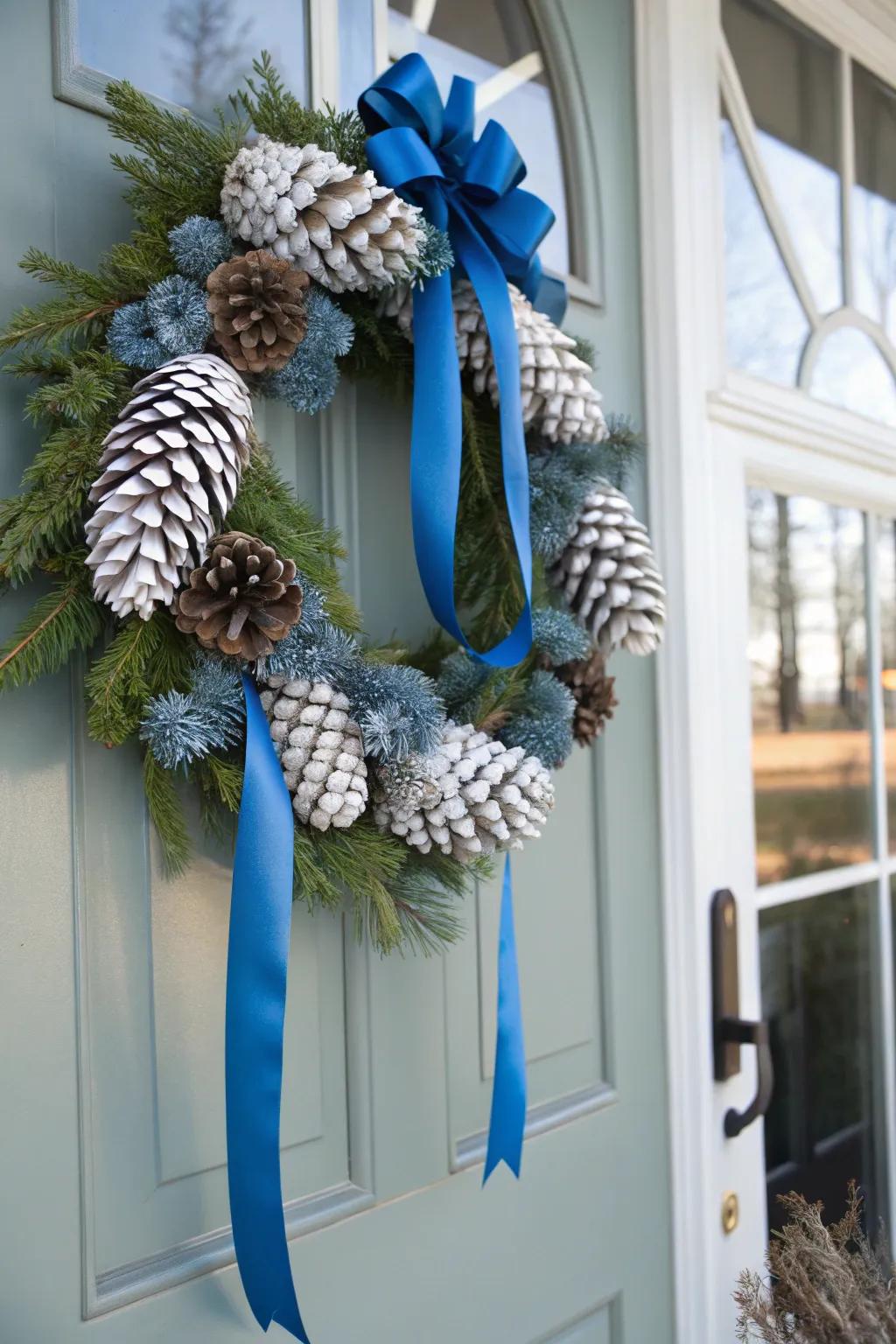 A charming garland in pale blue and white to greet guests