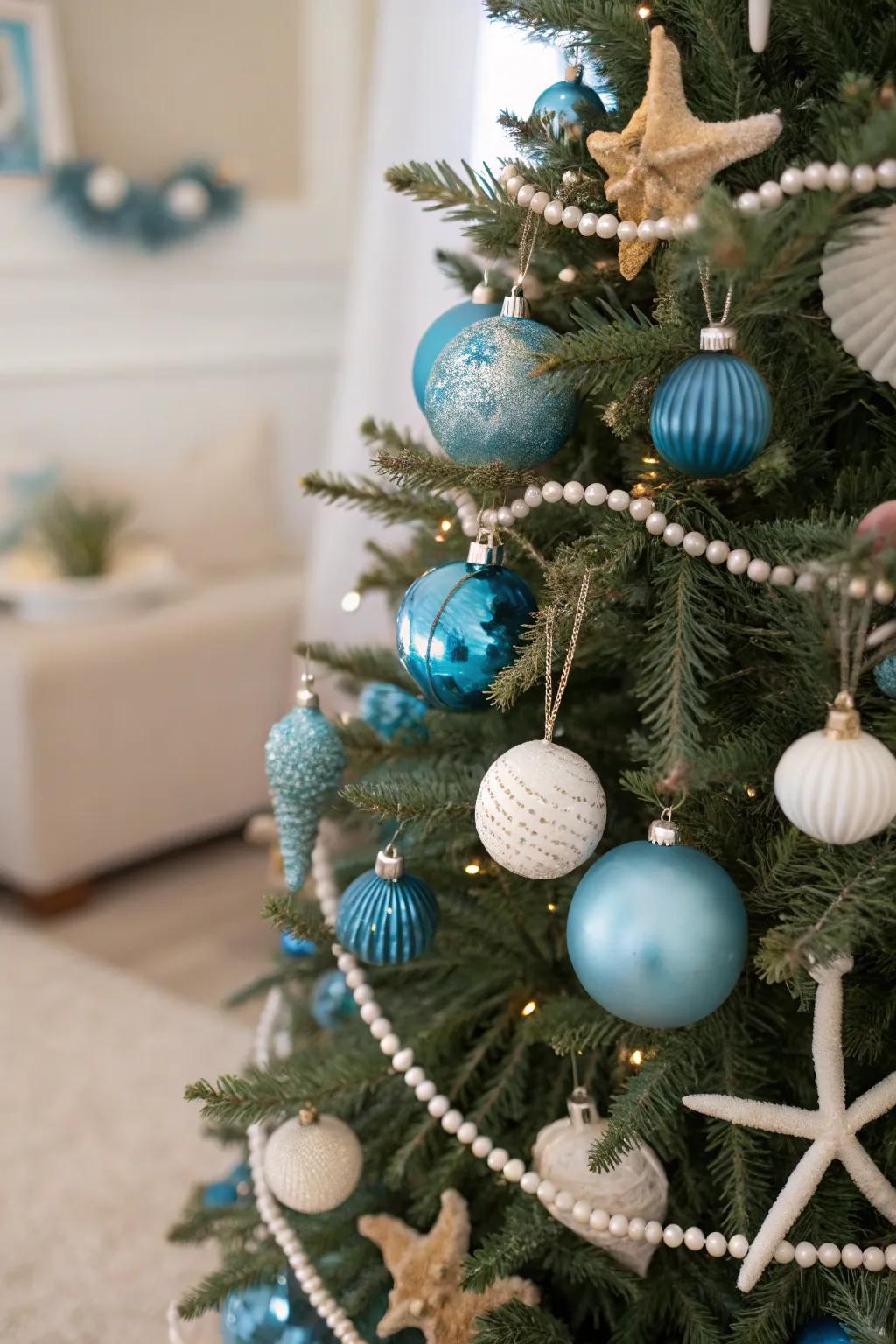 A coastal blue dream Christmas tree with seaside elements.
