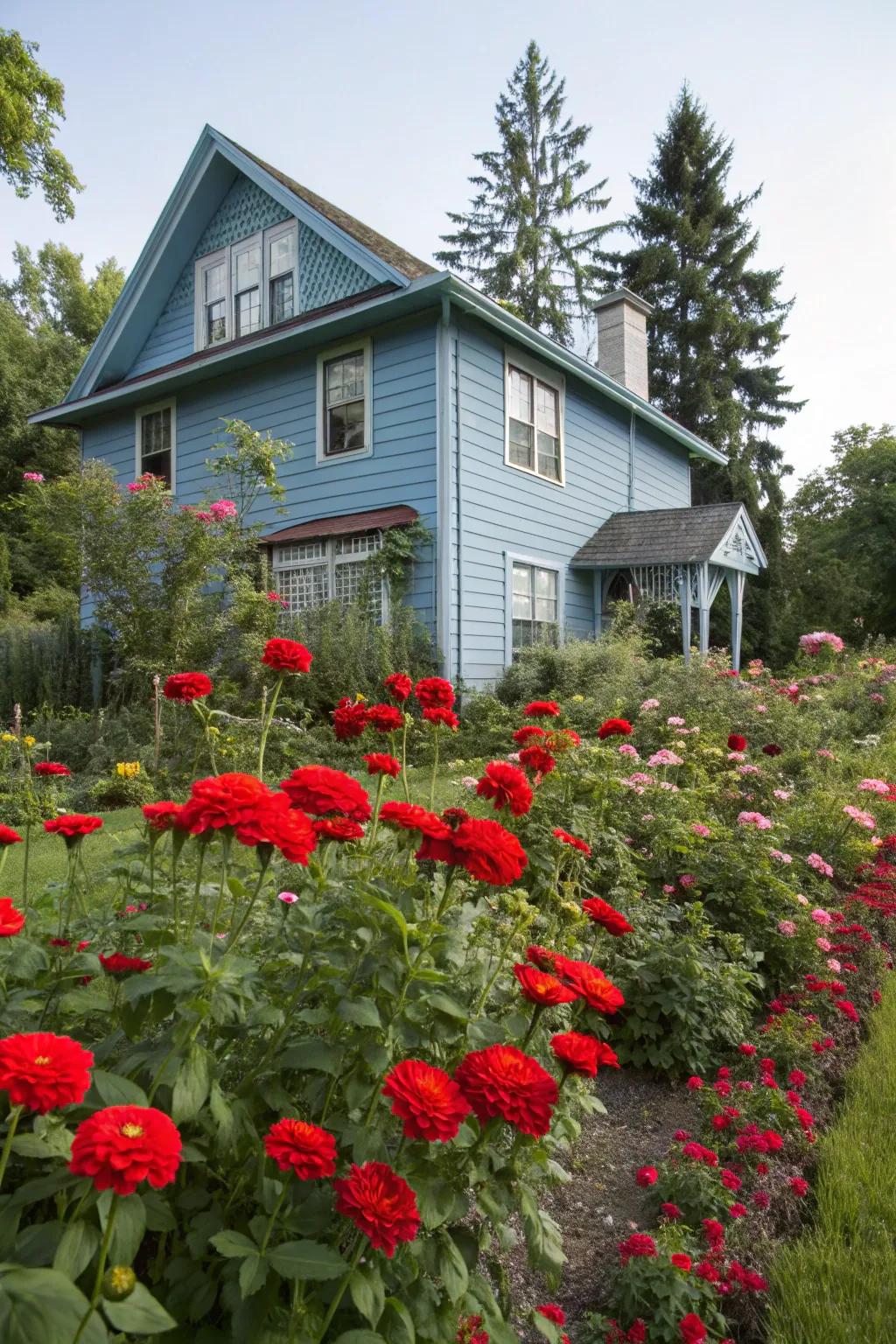 Crimson flowers create a striking contrast to an azure exterior.
