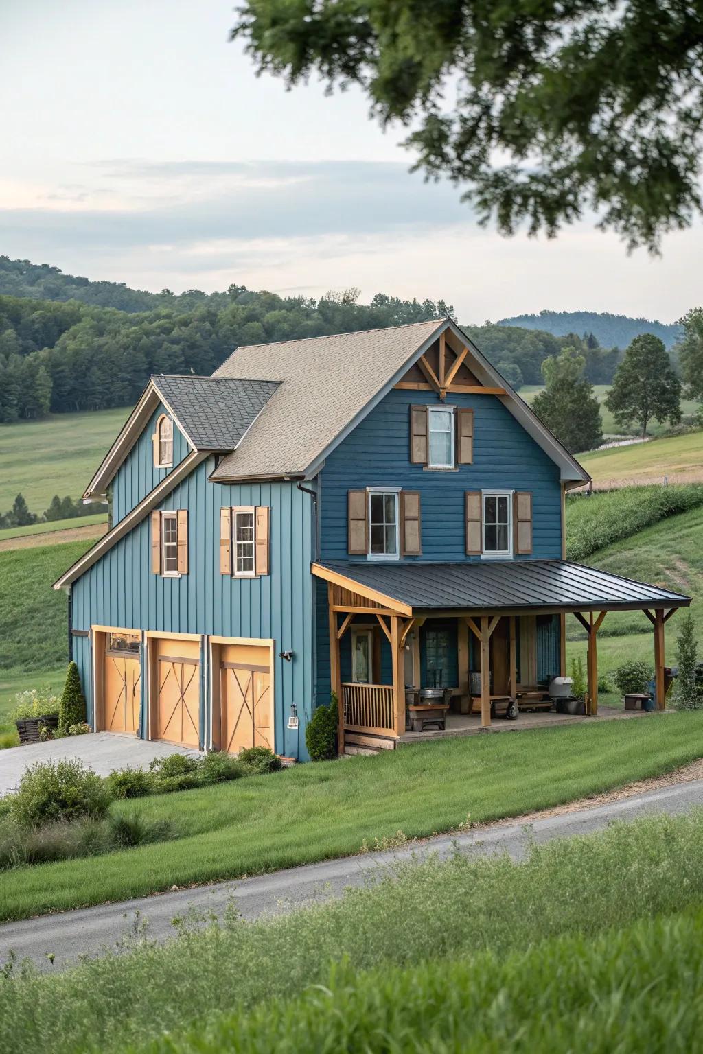 Natural wood accents add warmth to blue exteriors.