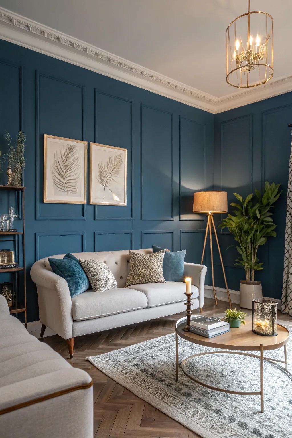 A deep blue accent wall imparts a dramatic touch to this elegant living room.
