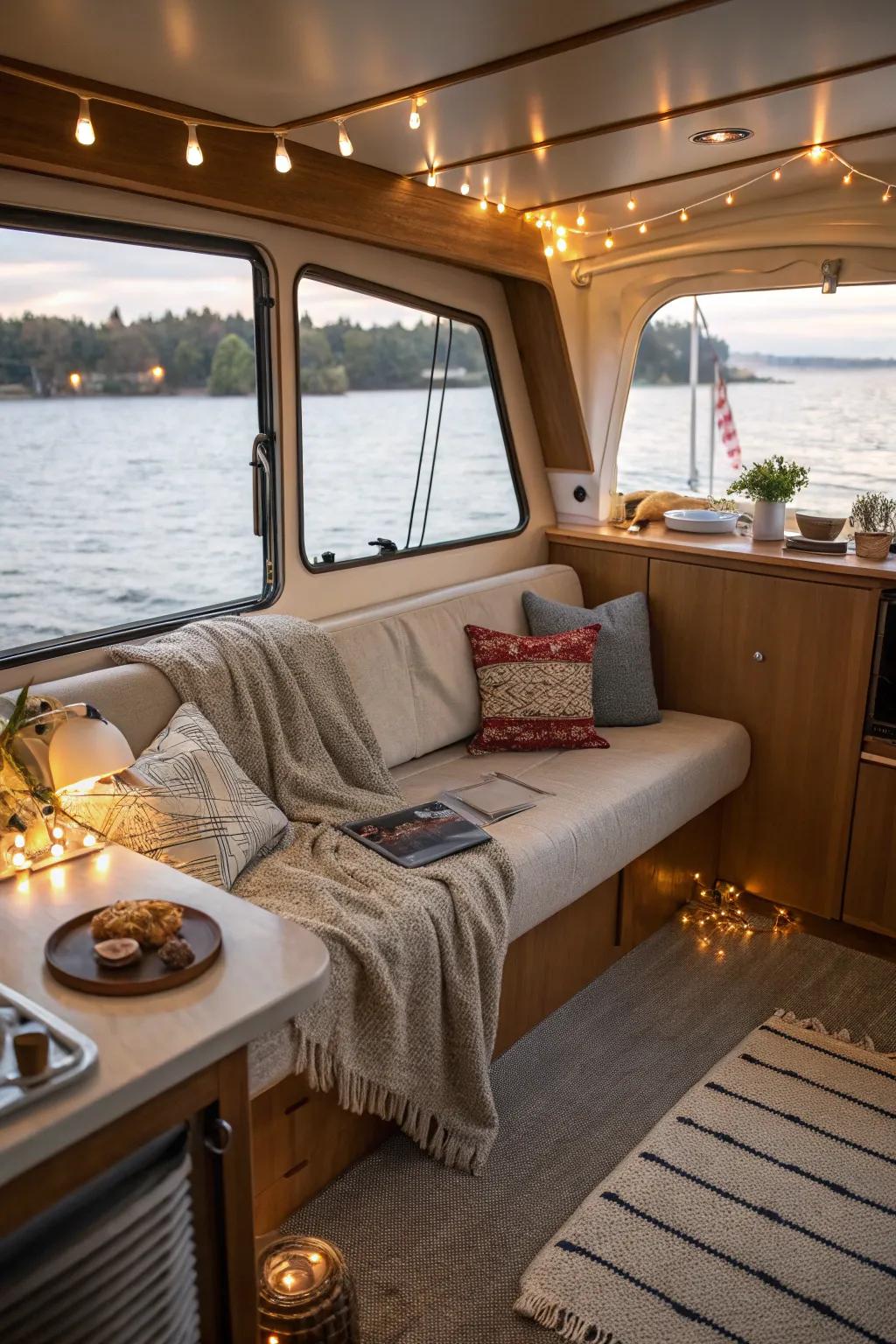 Convertible sofa bed situated in a cozy living space on a boat.