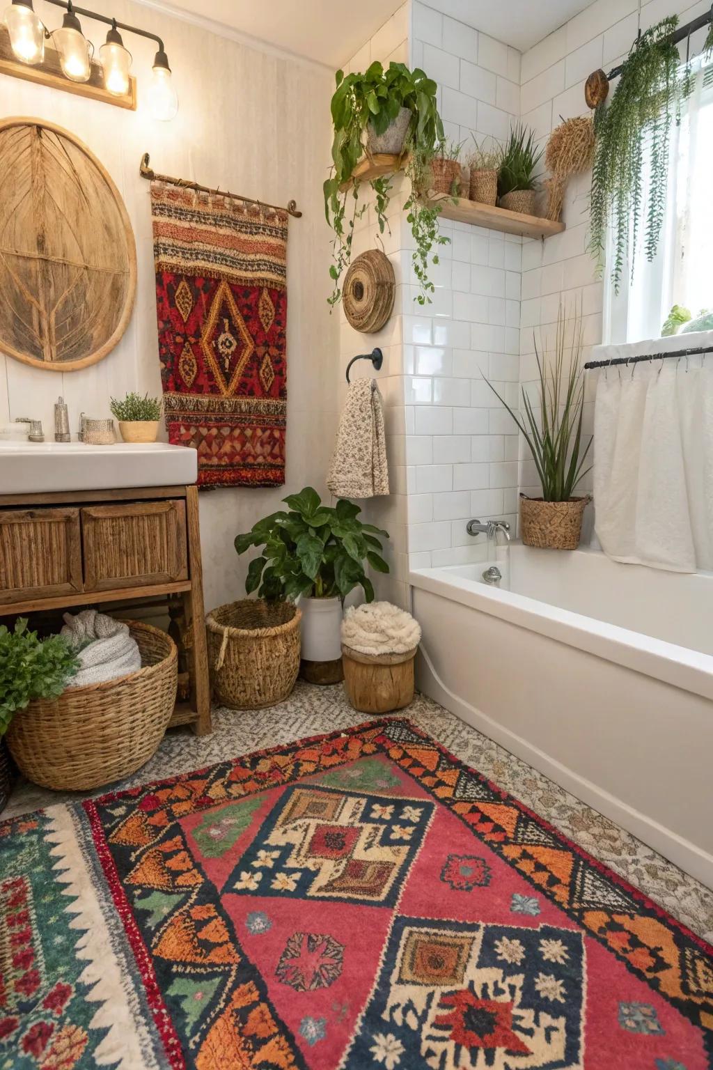 A welcoming bohemian bathroom showcasing a lively vintage rug.