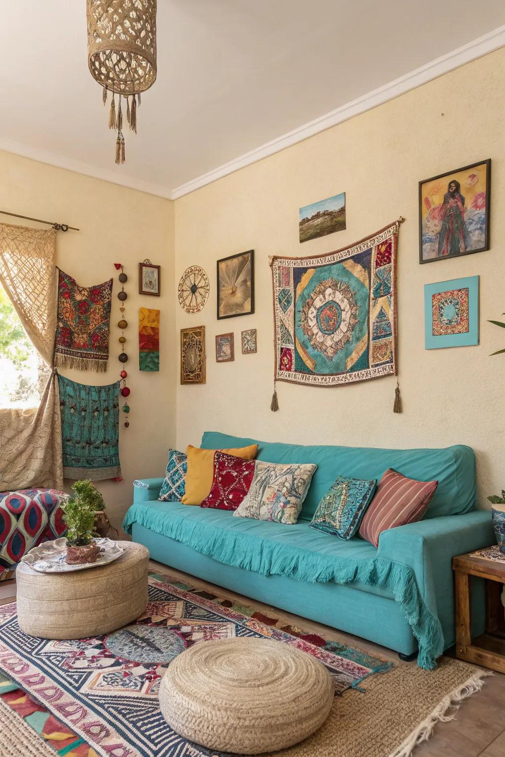 A bohemian living area with a vibrant and natural color palette.