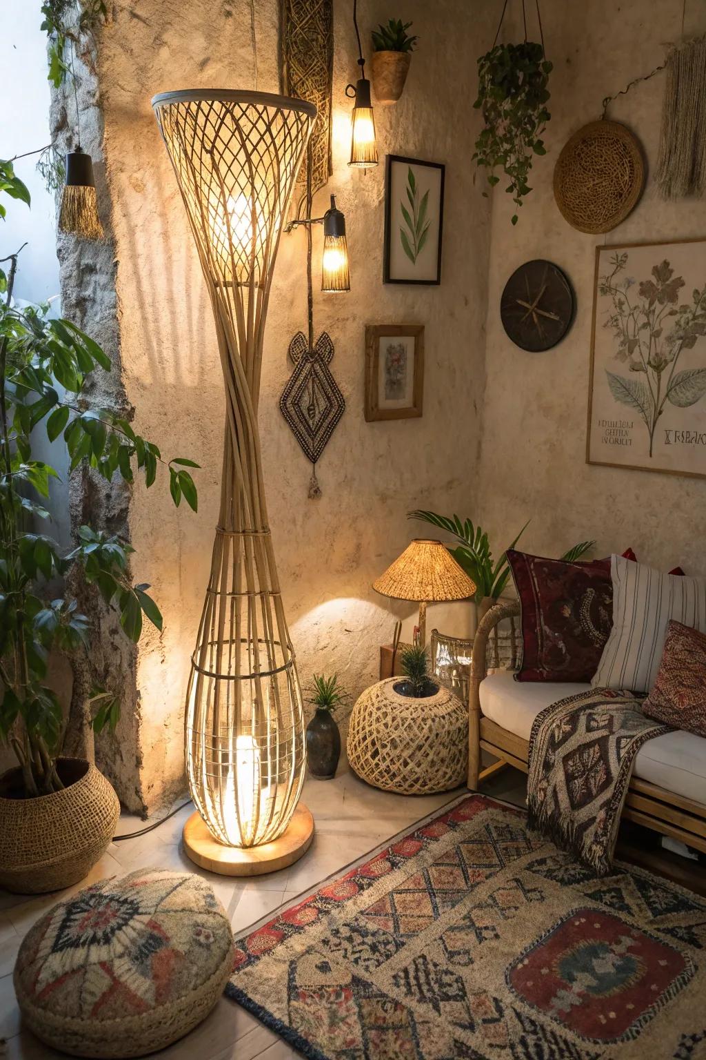 An elegant cane floor lamp graces a boho-inspired room corner.